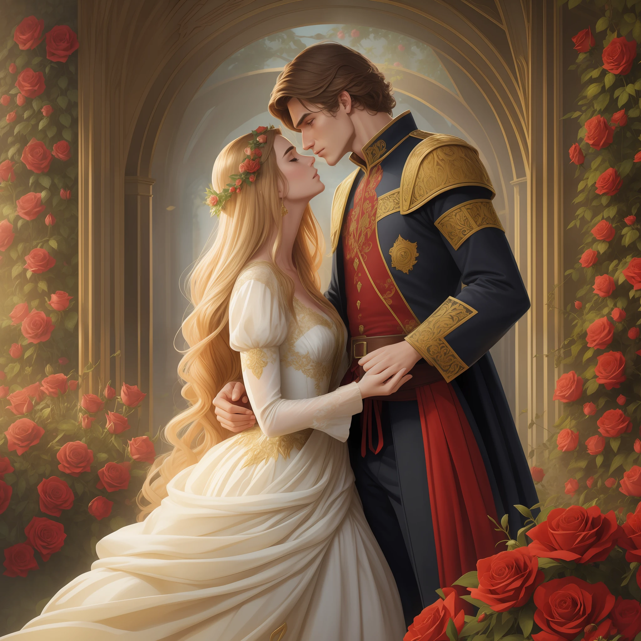 Couple kiss very affectionately, Neels Visser is a prince who has golden blond hair, wears a medieval military outfit and is in love with the commoner Lily Collins, who has curly brunette black hair and wears a red dress, illustration of a romance book cover with a detailed, smooth, bright background filled with flowers covered in ivy and red roses, castle, ornate gown standing in a bed of roses, rim light, dynamic lighting, etherial lighting, ultra detail, concept art, elegant, surreal, art by Lisa Aisato, Greg Hildebrandt, Citemer Liu, Stjepan Sejic, Samyang, Aykut Aydogdu, Justin Gerard, Alphonse Mucha, Artgerm, WLOP, and Greg Rutkowski