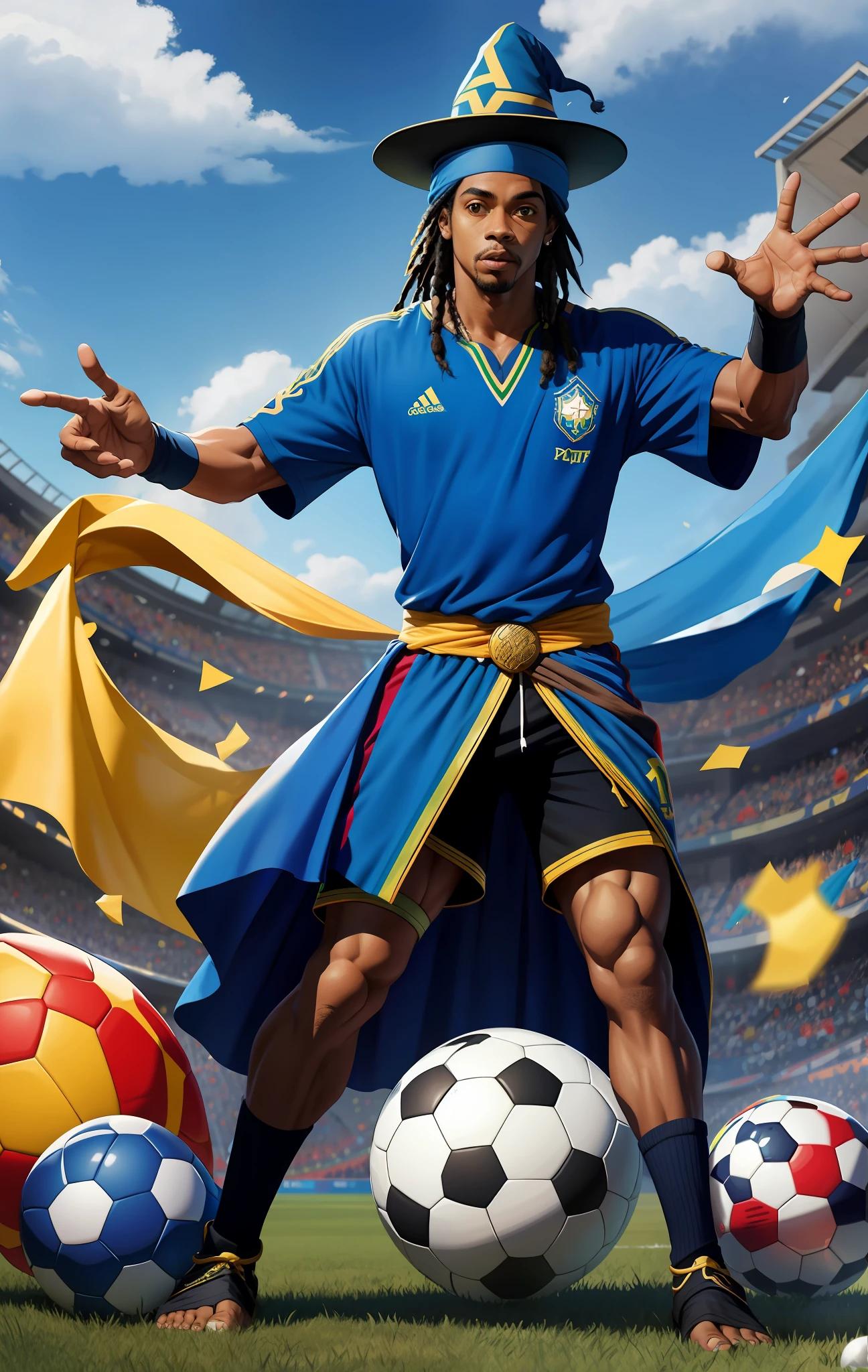 Ronaldinho gaucho full body, wearing a wizard's hat, shirt of the Brazilian team, doing magic with several soccer balls.