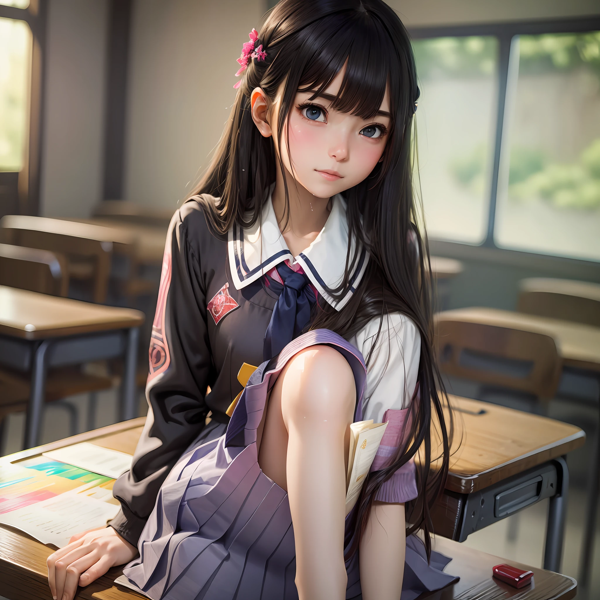 masterpiece, best quality, ultra-detailed, illustration, colorful, falt color, depth of field, lens flare, 1girl, anime, sitting, black hair, looking at viewer, classroom, pleated miniskirt , school uniform, detailed skin texture, detailed cloth texture, beautiful detailed face, panties pulled aside, insertion, wet finger insertion, pleasure, ahego, sweaty, blushing, --auto --s2