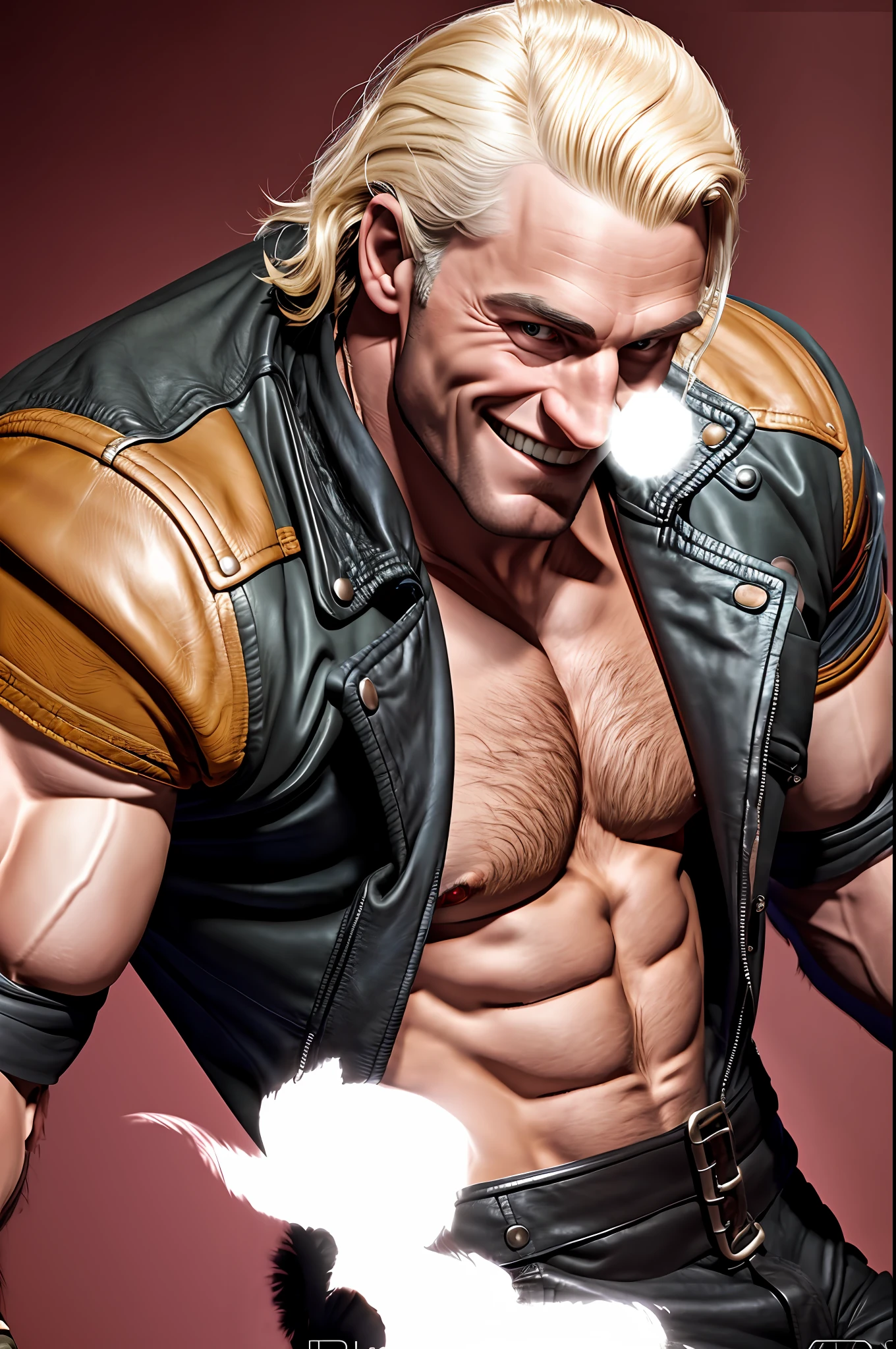 Brigadoe, smiling, muscular, biker, jacket, albino skin, relaxed fighting pose, black hair