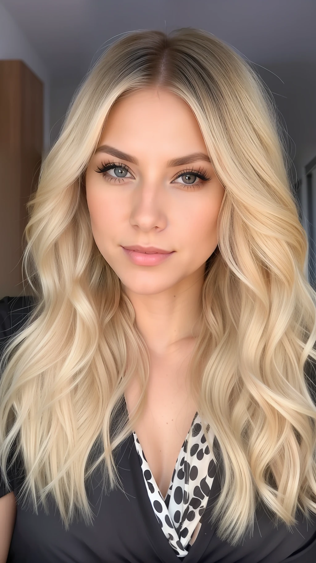 a woman with blonde hair and a black top is posing for a picture, long blonde hair and large eyes, blonde hair and large eyes, headshot profile picture, brunette with dyed blonde hair, professional picture, long wavy blonde hair, kailee mandel, close up of a blonde woman, inspired by Gina Pellón, long blonde hair and big eyes