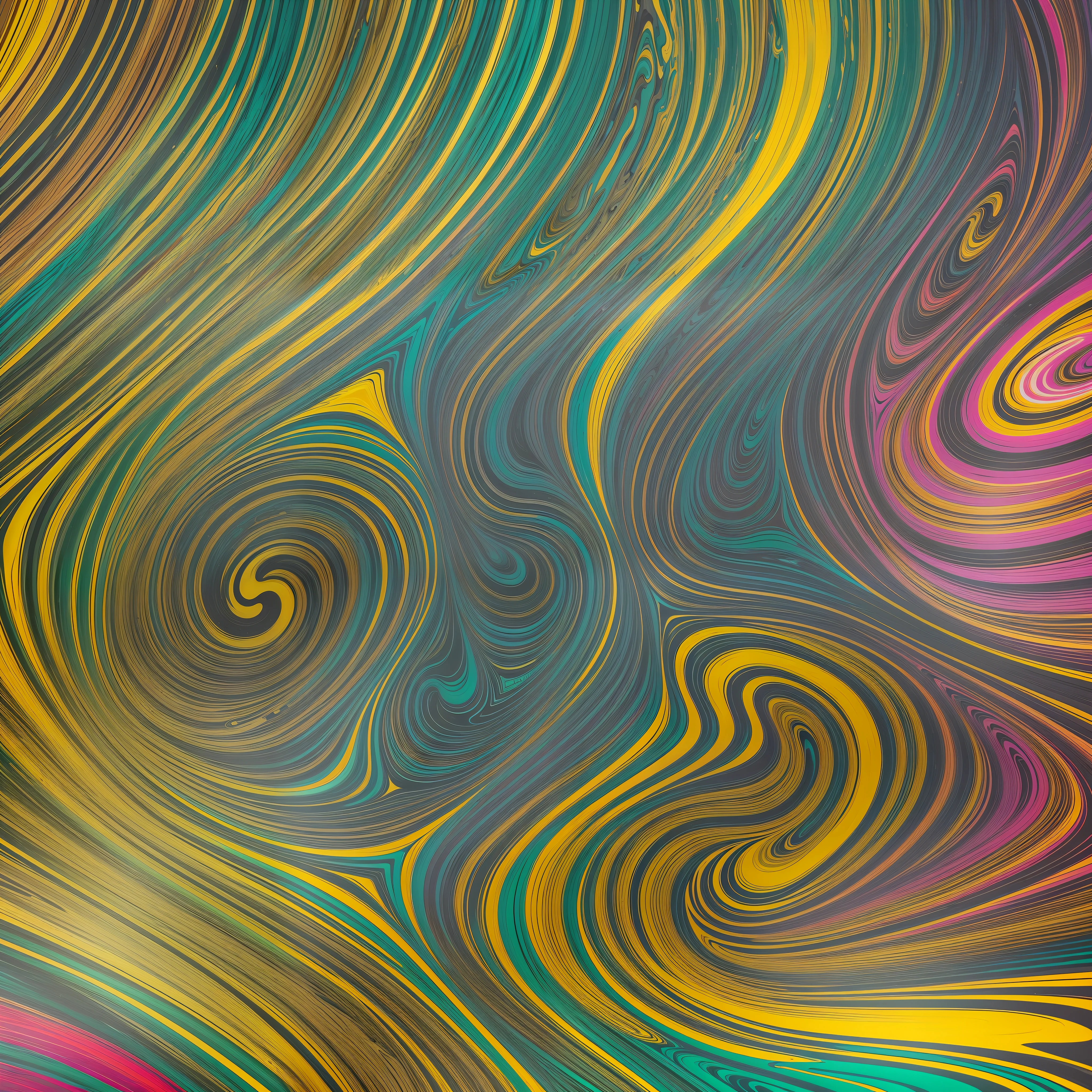 Abstract background of fluid painting with a yellow swirl as the focal point, surrounded by 3D cylindrical cells in vibrant shades of green, black, red, white and gold. The liquid fluid abstract art oozes softly, combining intricate and phosphorescent neon paint, resulting in a bright and radiant painting. The background features a gold marbled paper effect, while the swirling liquids create a unique and dynamic aesthetic. The swirls of "synthistilling" paint add a touch of magic to the composition. The end result is a work of art that embodies the beauty of spilled painting and marbled neon aesthetics, capturing the imagination and illuminating any environment. --auto --s2
