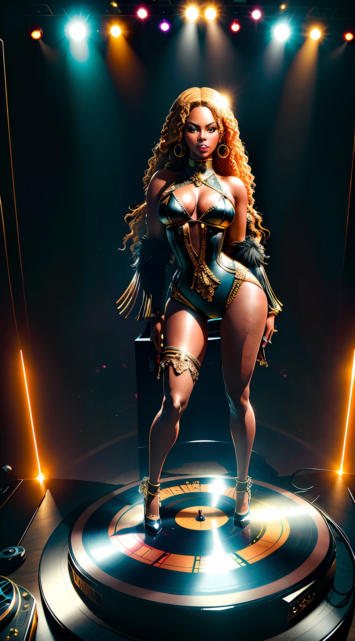 Beyoncé,from looking at the audience, full body in high definition with a vinyl record for the footrest in an excellent evolution 8k (( Miniature toy for collection))