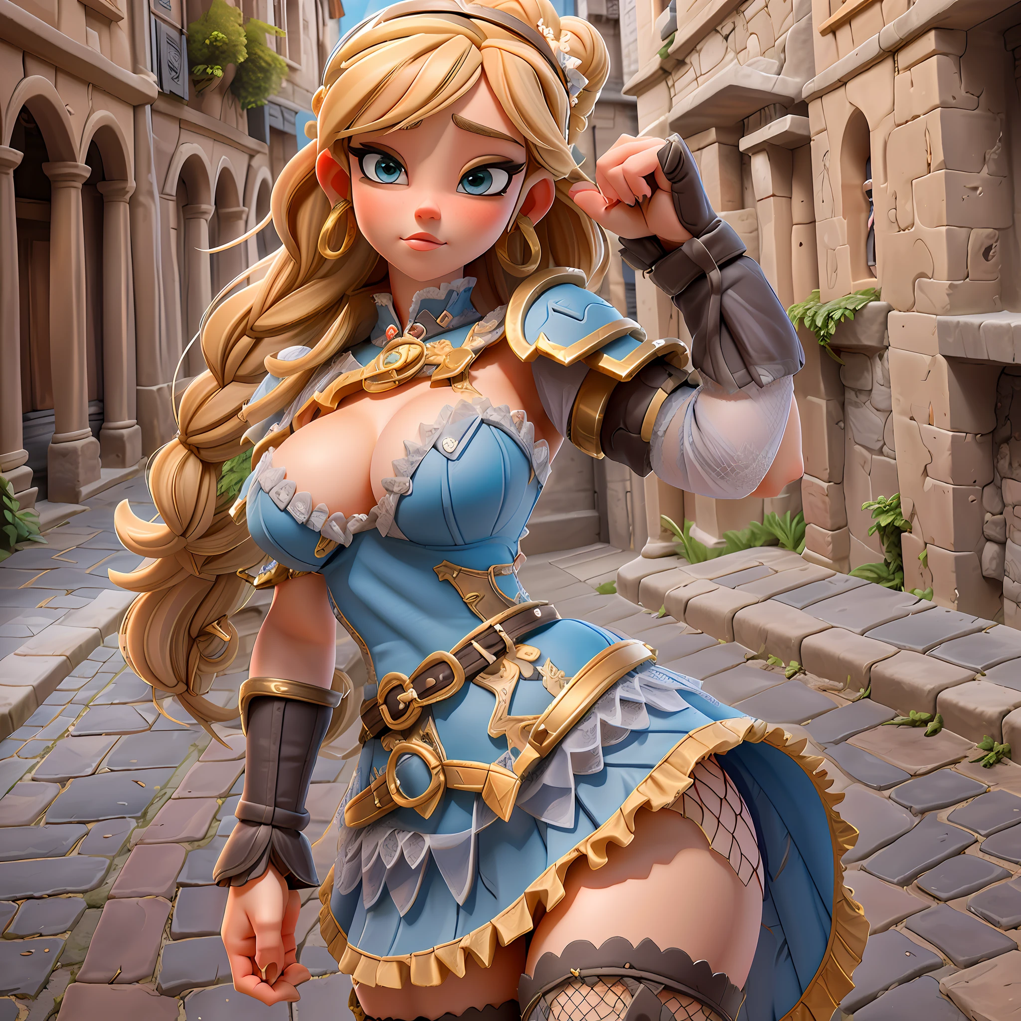 Beautiful girl, 1 girl, alluring, sexy, wearing over sexualised medieval armor, pelvic flap, epic underboob, fishnet stockings, frilly skirt, cartoon medieval town streets, French braid blonde hair,