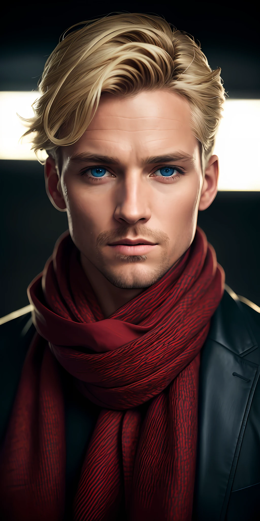 Blonde man, blue eyes, red scarf, front, black case, photorealistic, photo, masterpiece, realistic, realism, photorealism, high contrast, photorealistic digital art trend on Artstation 8k HD high definition detailed realistic, detailed, skin texture, hyper detailed, realistic skin texture, armor, best quality, ultra high resolution, (photorealistic: 1.4), high resolution, detailed, raw photo, sharp re, by lee jeffries nikon d850 film stock photography 4 kodak Camera Portra 400 Lens F1.6 Rich Colors Hyper Realistic Texture Realistic Dramatic Lighting IrrealEngine Tending on Artstation Cinestill 800,