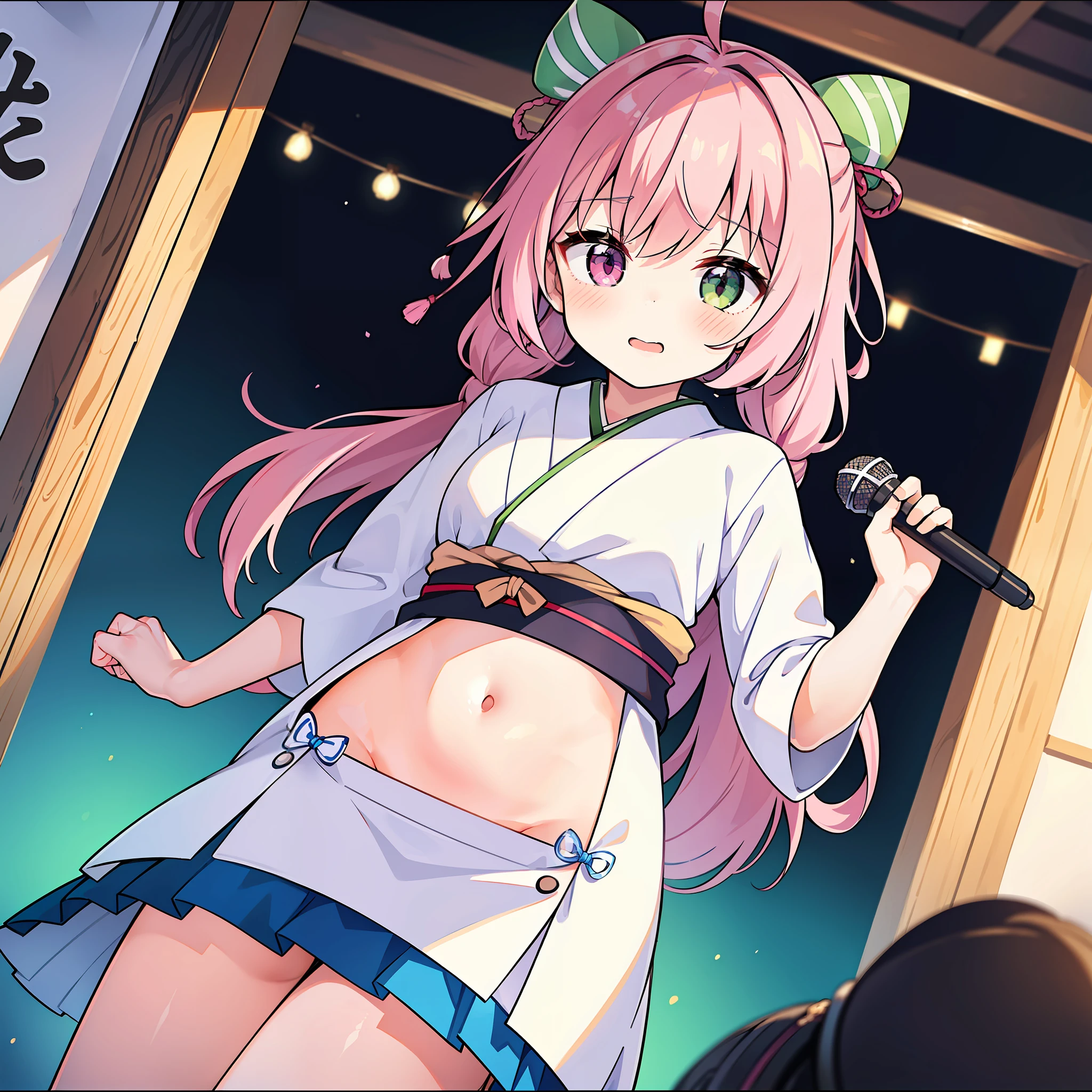 1 Beautiful Girl, (Heterochromia, Blue and Green Eyes: 1.8), Jewel-Like Eyes, (((Masterpiece, Super Detail, Best Quality, 8K, Kyoto Animation Anime Illustration))),(Pale pink hair, braids, Medium hair, Hair ribbon, Cute Ribbon: 1.8),Big, (kawaii:1.5),(illustration:1.1), (Chibi:0.5), Voice Actor, (Has a microphone: 1.2)), Recording Studio, Headphones, Casual Clothing, Angle from Stomach Up, Top
