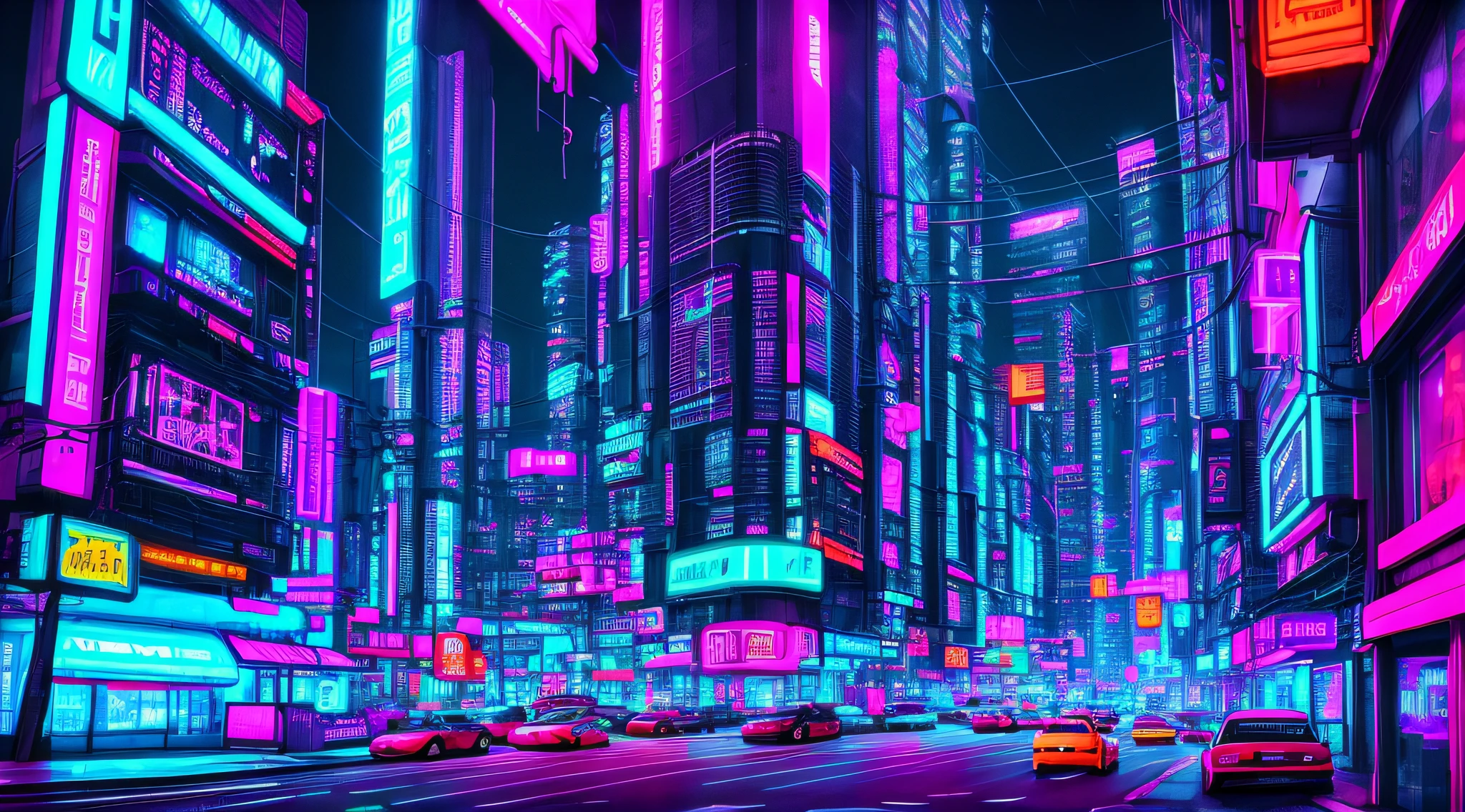 cyberpunk city. digital art. Cyberpunk setting. Neon. futuristic city. cars on the street. neon lighting. cinematic lighting. futurism. plenty of lights. flashy. main colors in blue, pink and purple, realism