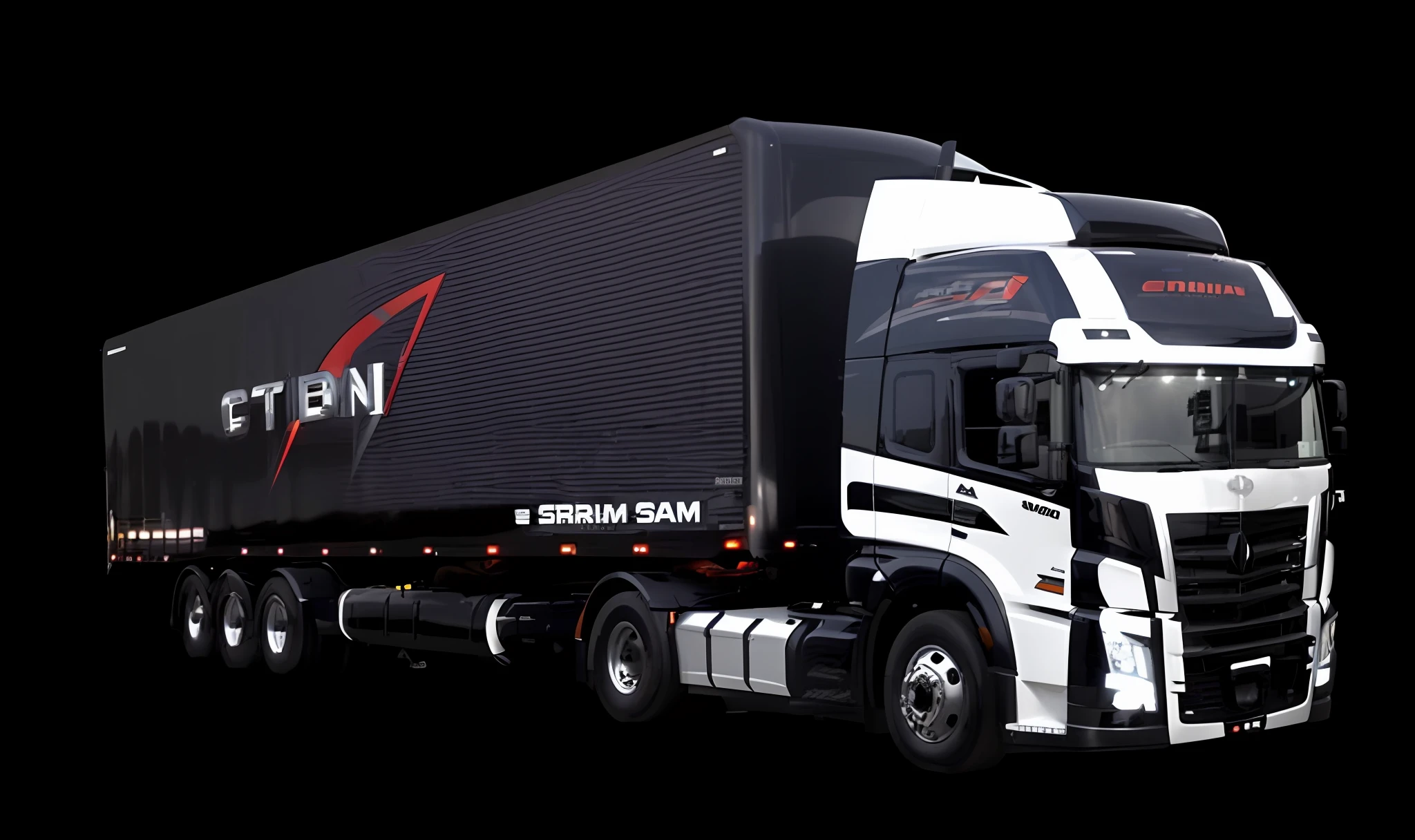 a closeup of a semi truck with black trailer, front, trailer, truck, edon guraziu, atom, futuristic by Juan O'Gorman, by Tom Bonson, gm, voltron, zoom, sao paulo, front photo, sholim, dimensional, long read, by Zoltan Boros, by Rodolfo Amoedo, by Emerson Silva
