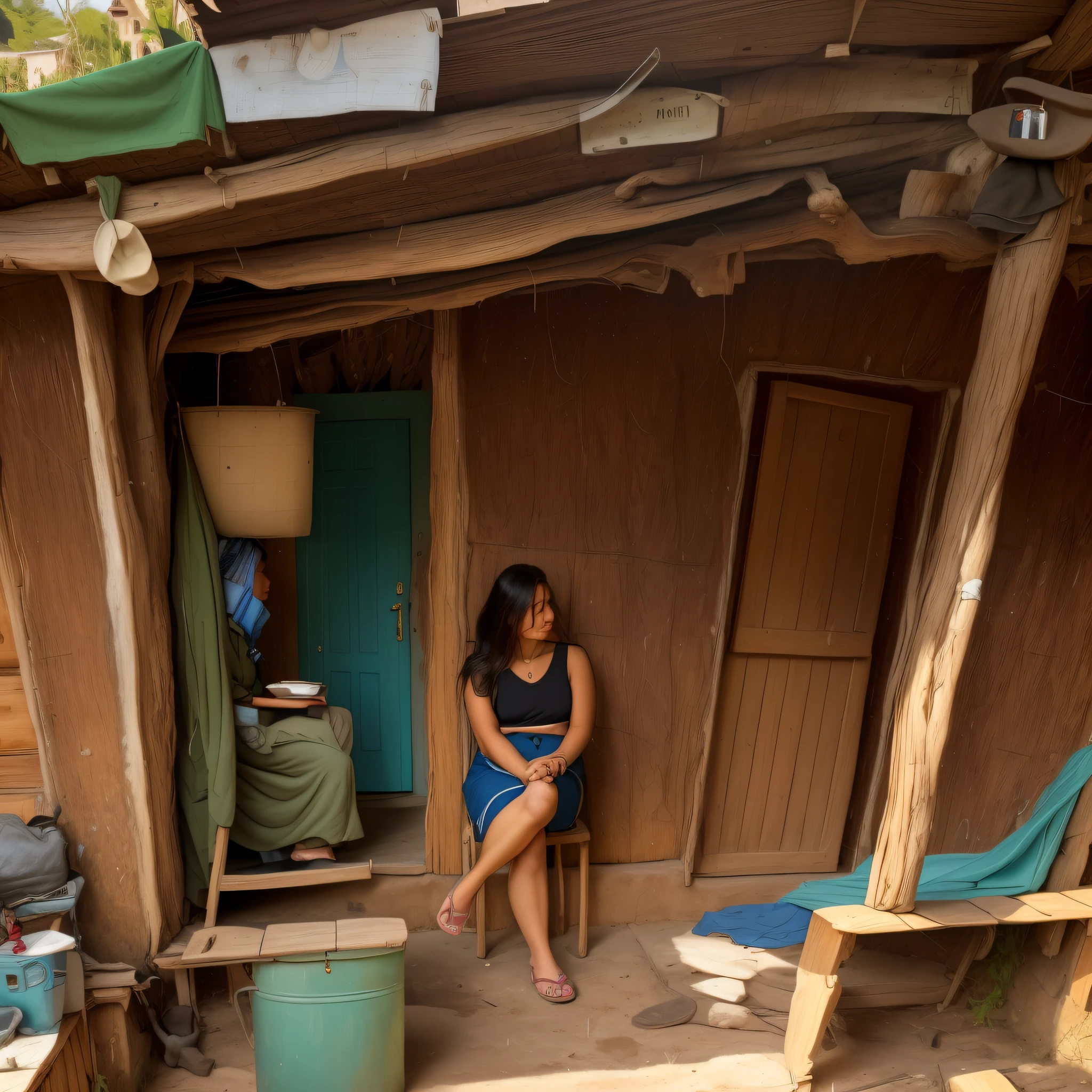 there is a woman sitting on a chair outside of a house, in a oil painting style, by Ramón Silva, by Samuel Silva, by Nándor Katona, 30-year-old woman from cuba, in a village, standing outside a house, by Milton Menasco, inside primitive hut, by Felipe Seade, in the countryside