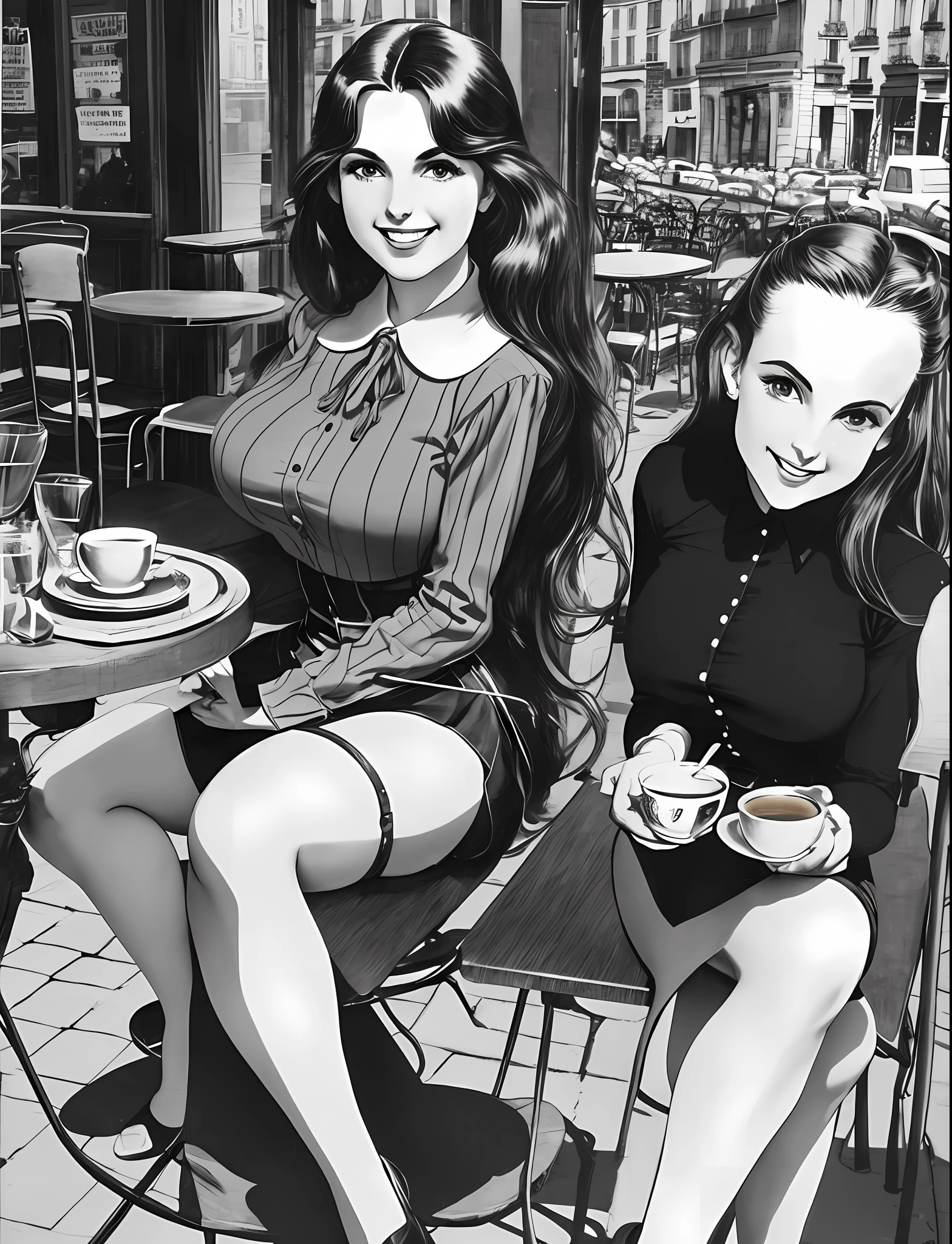 Bill Ward's art, illustrations, pretty girls, long hair, perfect glass hour body, huge breasts, super small waist, vintage tight sexy skirt, clearly feminine features bulging, smiling, sitting in a street café in Paris drinking coffee