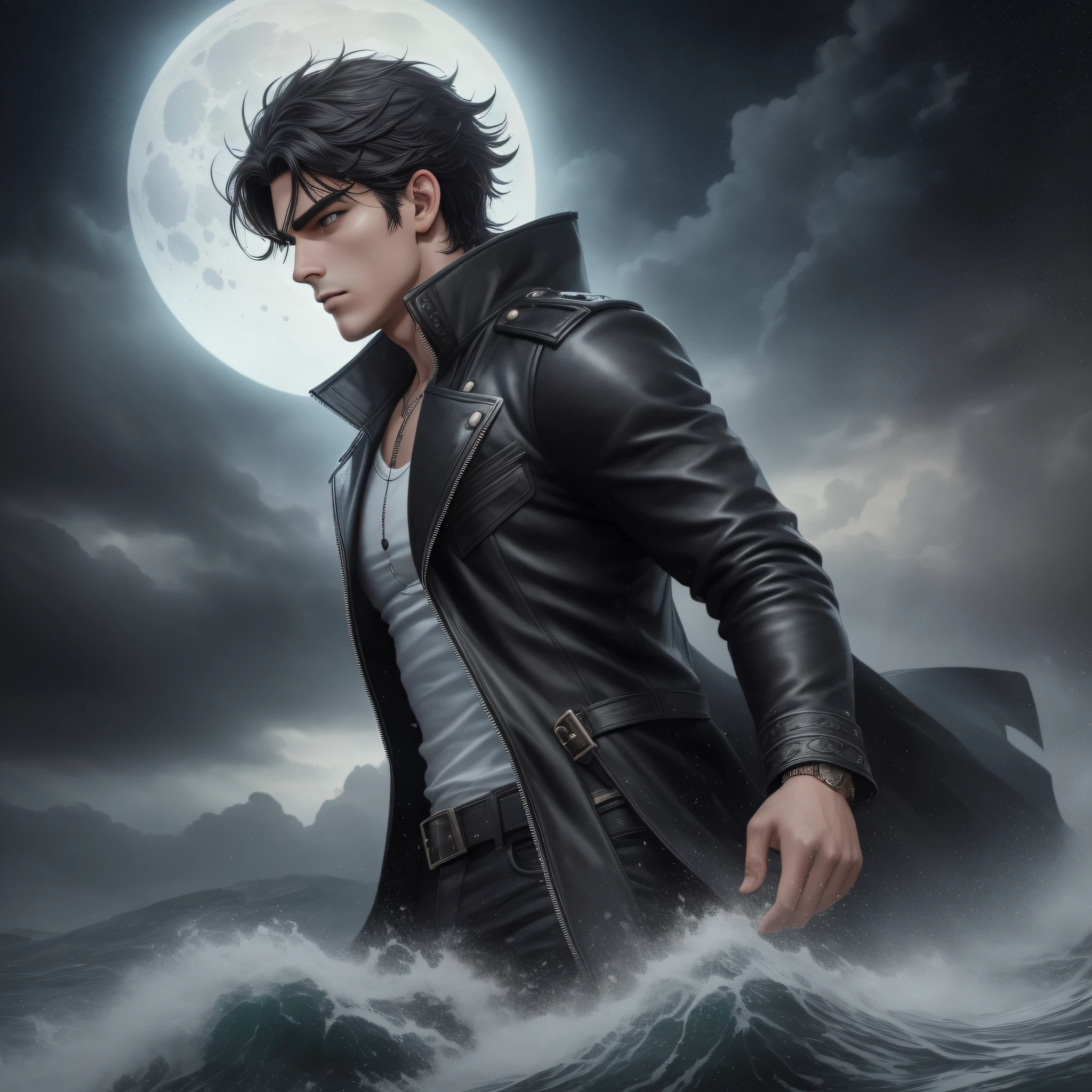 A painting of a river with stars and moon in the sky, concept art inspired by Tosa Mitsuoki, pixiv contest winner, best quality, fantasy art, beautiful anime scene, a bright moon, moonlit starry environment, dream painting, Anime Background Art, Fantasy Landscape Art, Fantasy Night,1boy, closed mouth, male focus, sash, serious, solo, black hair, Masterpiece, extremely detailed, amazing, fine detail, absurdes, highly detailed man, extremely detailed eyes and face, masculine, piercing eyes,(dark hazel glow and brown eyes),sepulchral , unique, interesting, dreamlike, superb, fantasy, intricate details, (((handsome young man))), very short hair, undercut, dark, full body, seductive gaze, (dynamic pose), perfect anatomy, high contrast, (best illumination, an extremely delicate and beautiful), ((cinematic light)), hyper detail, dramatic light, intricate details, extremely sensual, ,Elegant, Highly Detailed, Majestic, Sun, Sunlight, full body, Complex Background, Looking at the Viewer, Dynamic Movement, perfect face, (realistic eyes), round iris, perfect, intricate, complex eyes, black beard, volumetric fog, hair between eyes, bangs, depth of field, old leather jacket with intricate details and metallic accents, white shirt, jeans, vampire, Night, Magic, rain , storm , thunder , wet men , wet hair ,sad boy , fantasy background art with moon and stars a castle , heavy rain , heavy storm , thunderstorm , dark clouds , wet hair , wet clothes, wet body