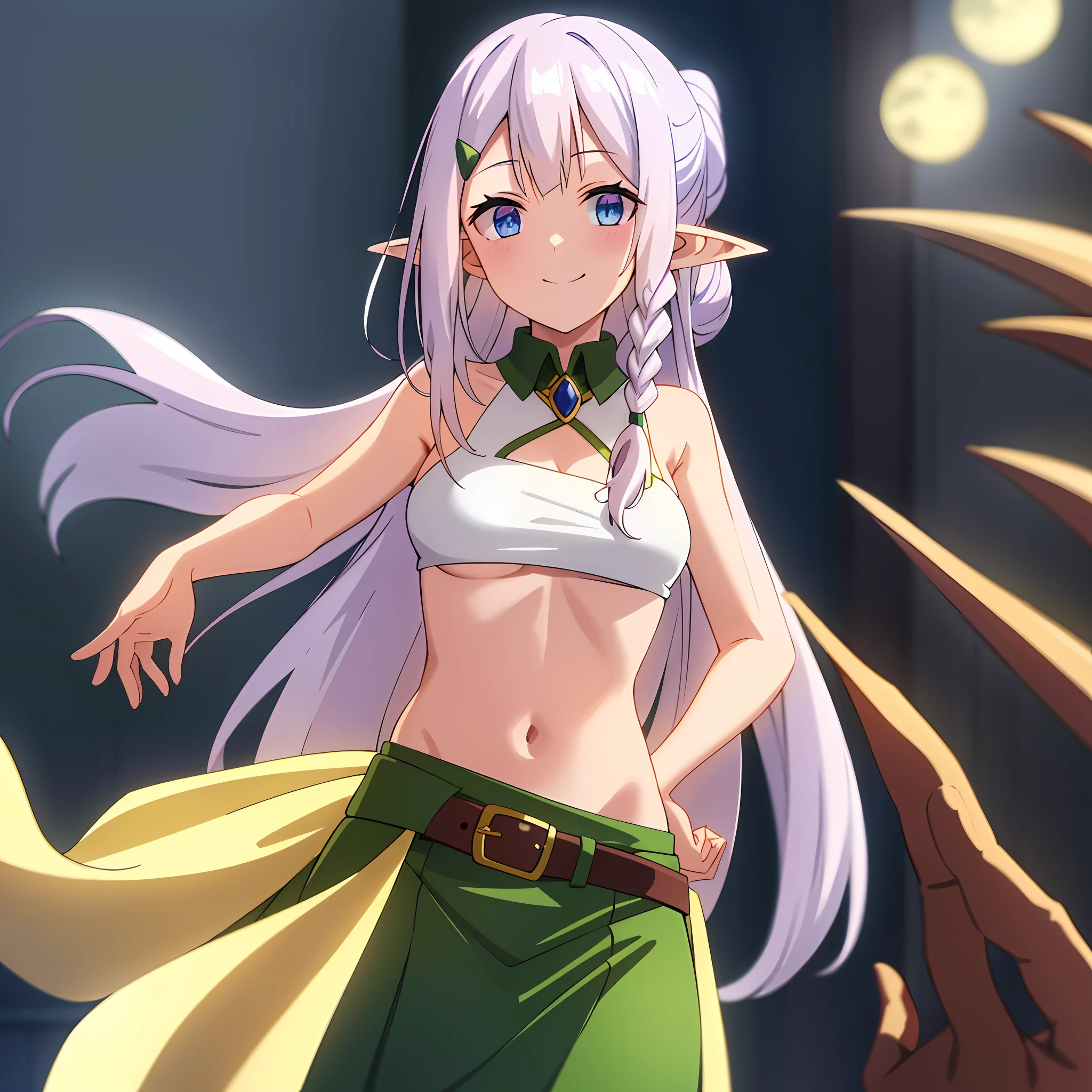 best quality, 4k, ((masterpiece)), extremely detailed, 8k, trending on ArtStation, Intricate, High Detail, Sharp focus, river, night, moon, forrest, anime coloring,
standing, (from front:1.2), nsfw, (looking at viewer:1.2), (medium breasts:1.2), skindentation, blush, smile, 1girl, (solo:1.2),
ria, elf, blue eyes, pointy ears, long hair, hair ornament, braid,hairclip, green bikini, green skirt, side braid, very long hair, bangs