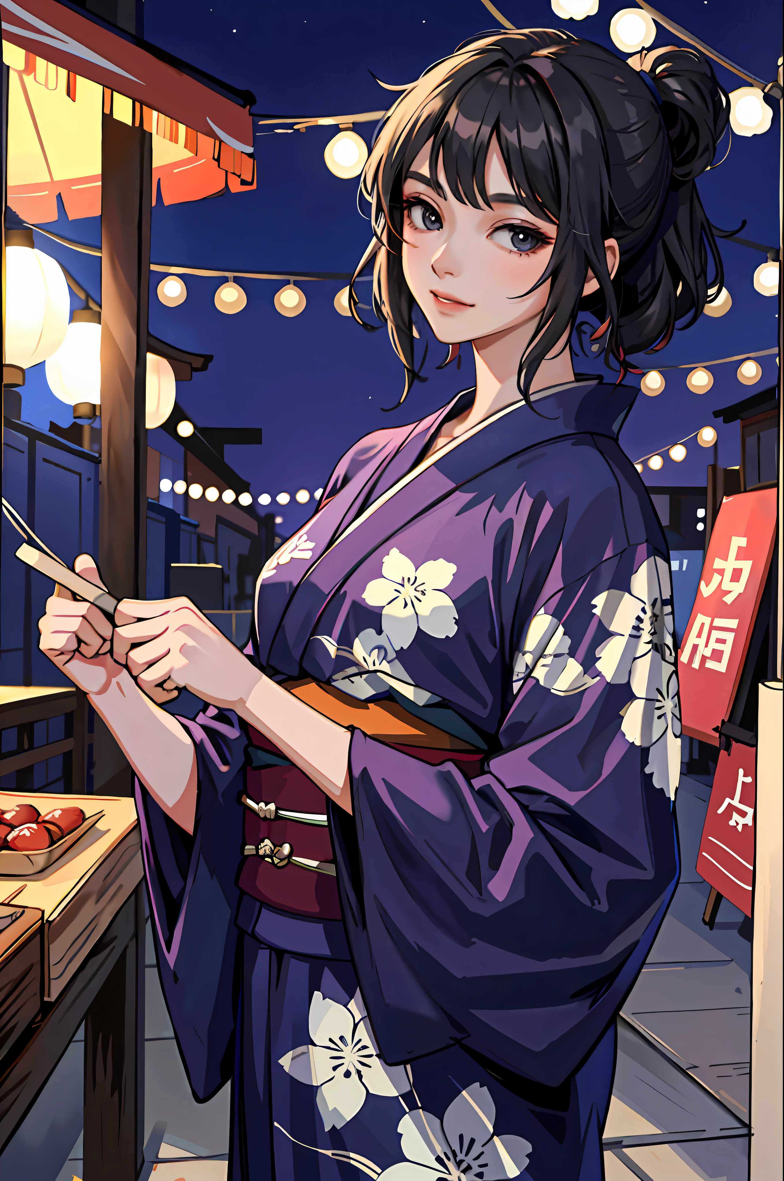 (Masterpiece: 1.2, Best Quality), (1 Lady, Solo, Upper Body: 1.2), Hair: Medium Black Hair, Clothing: Yukata, Hanging out at the summer festival