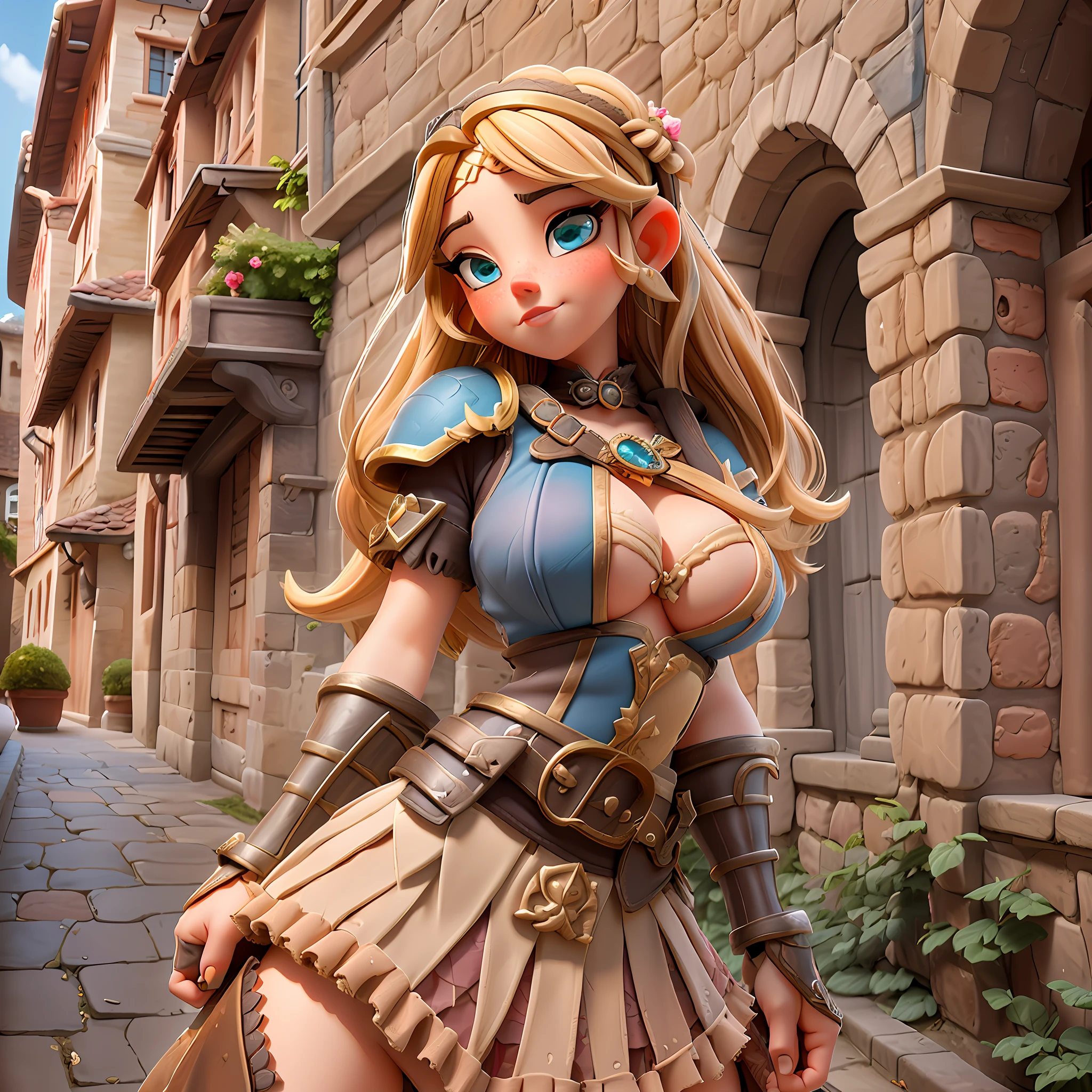 Beautiful girl, 1 girl, alluring, sexy, wearing over sexualised medieval armor, pelvic flap, epic underboob, fishnet stockings, frilly skirt, cartoon medieval town streets, French braid blonde hair,blushing cheeks, freckles