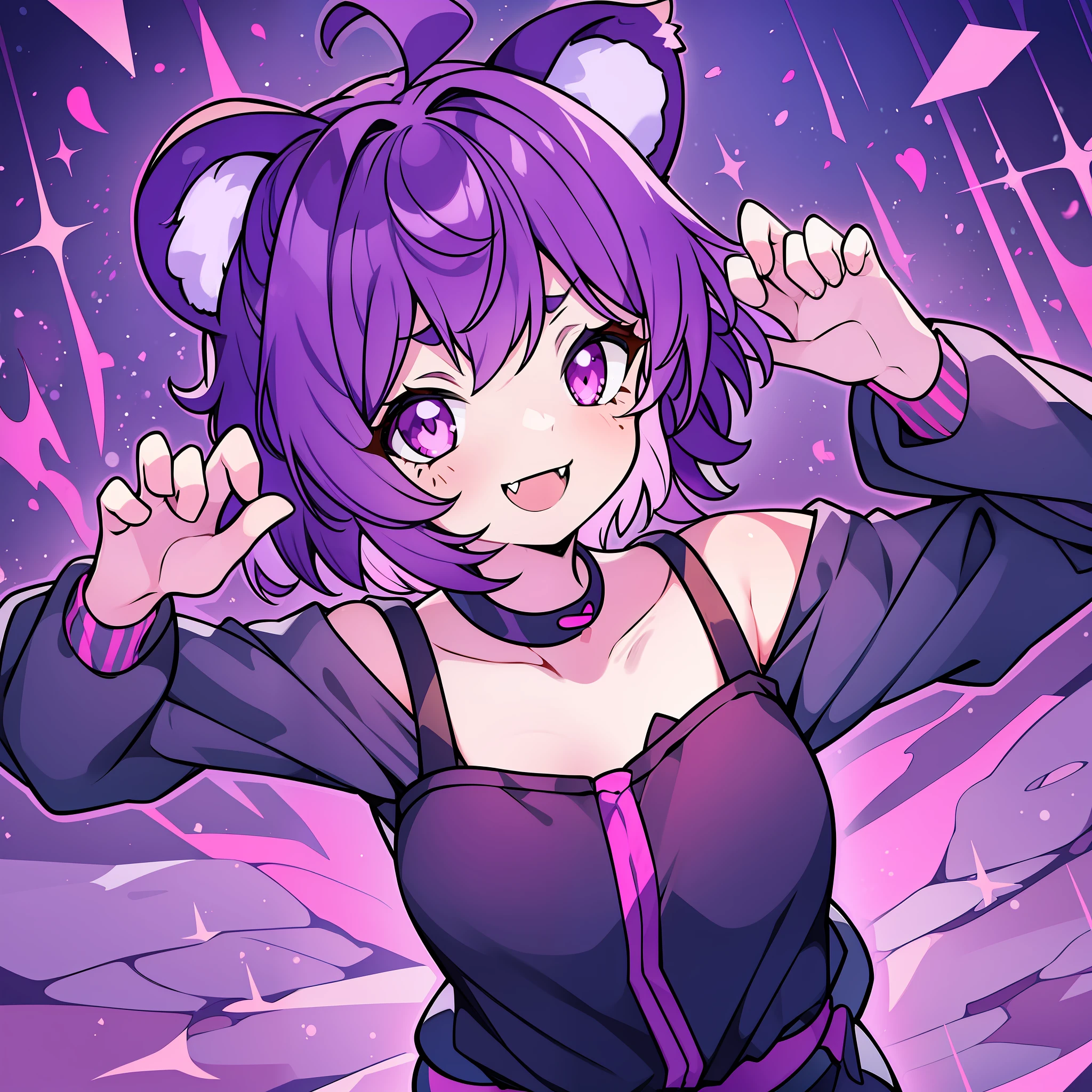 1girl, solo, animal ears, claw pose, happy, smiling, fangs, purple bear ears, purple hair, looking at viewer, ahoge, bangs, short hair, original character, pink eyes, magenta eyes, red eyes, multicolor eyes, short hair, wavy hair, swept bangs, small breasts, flat chest, bear ears, tired, sleepy, bags under eyes, beauty mark, young, , short eyebrows