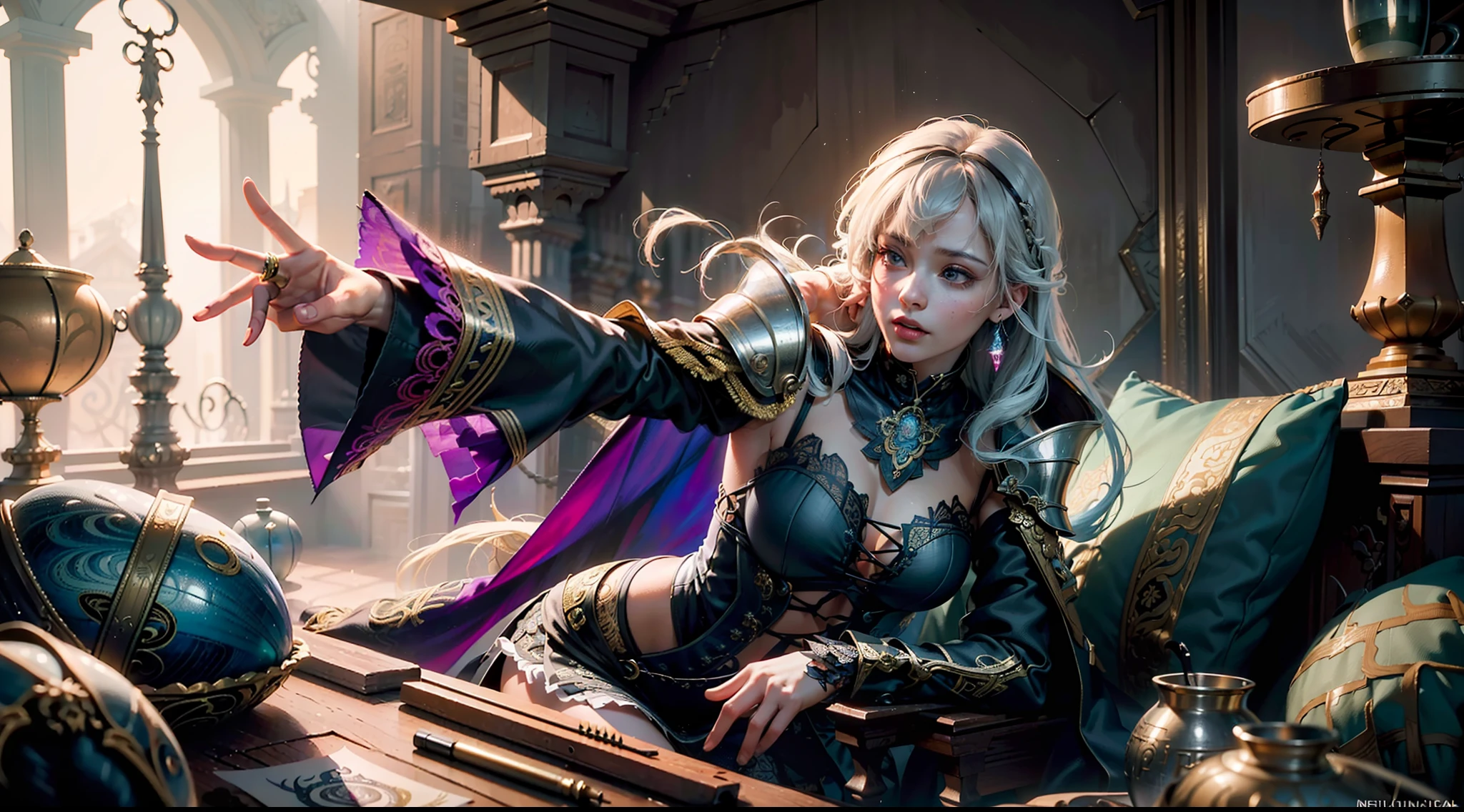 ((best quality)), ((masterpiece:1.2)), (extremely detailed:1.1), (8k, high quality, cinematic, hyper realistic, illustration), (autodesk maya, octane render, unreal engine, game character, ray tracing, hdr), (35mm focal length, f/2 aperture, dynamic perspective, depth of field),(1girl, dynamic angle), the most beautiful form of chaos, a brutalist designed, vivid colours, (zentangle, mandala, tangle, entangle), (fractal art), silk web, 3d, realistic, CG, 3D model, beautiful, elegant, confident, (hdri, bloom, rim lighting, soft lighting, low key), delicate\(armor\) wizard robe