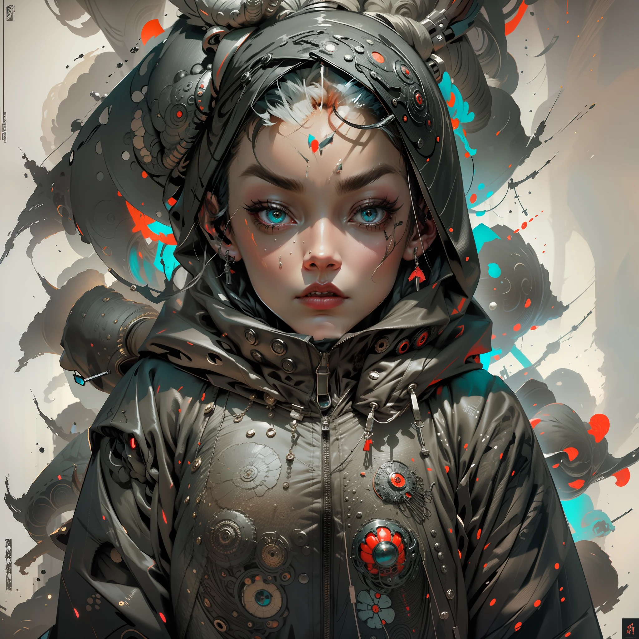 Darkart,surreal,nightmare,fashion,1woman with super puffer clothes and hood