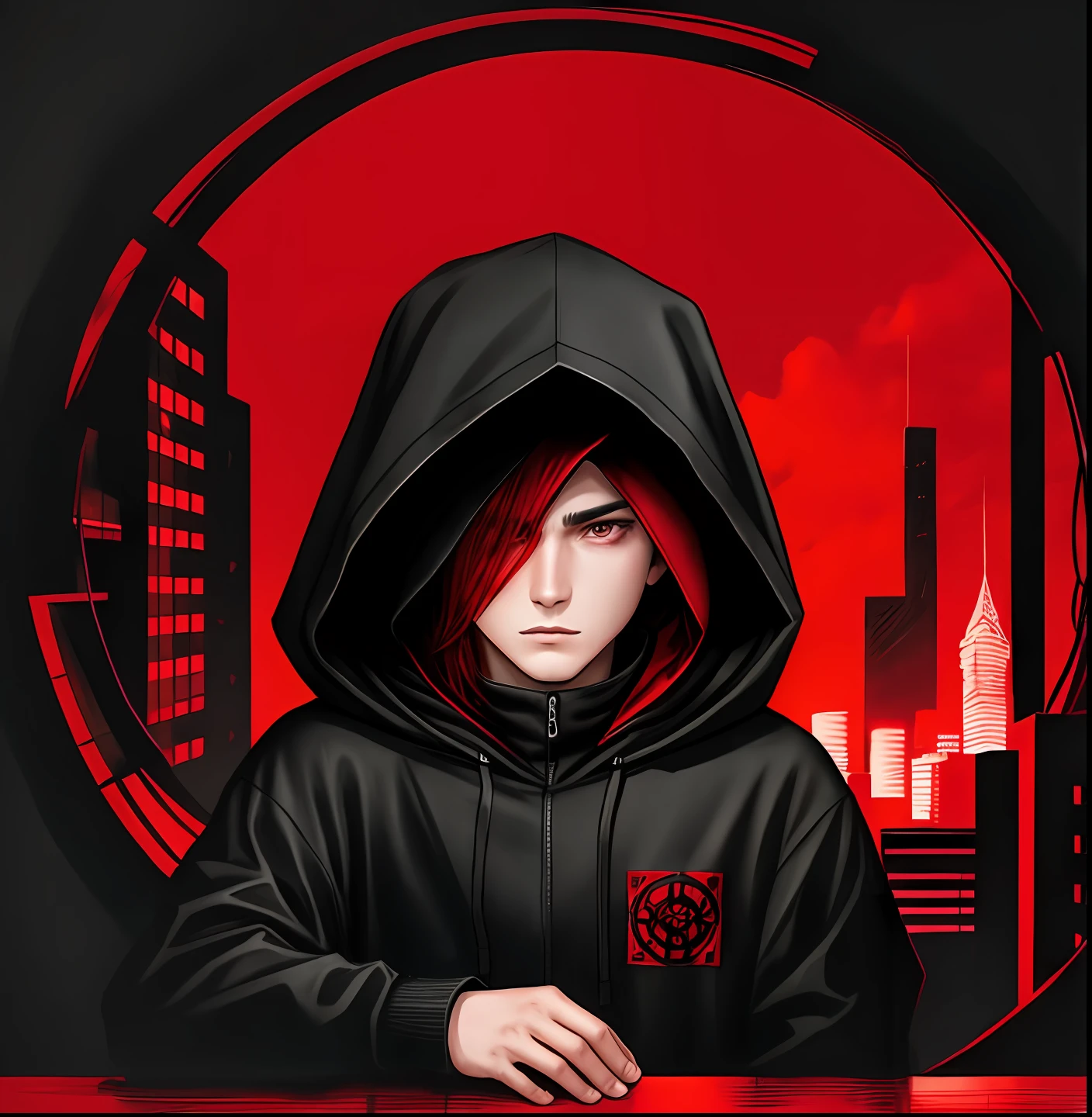 A hooded anarchist, black and red clothes watching a city, the night on the bloody moon, drawing, anime style, 1boy.