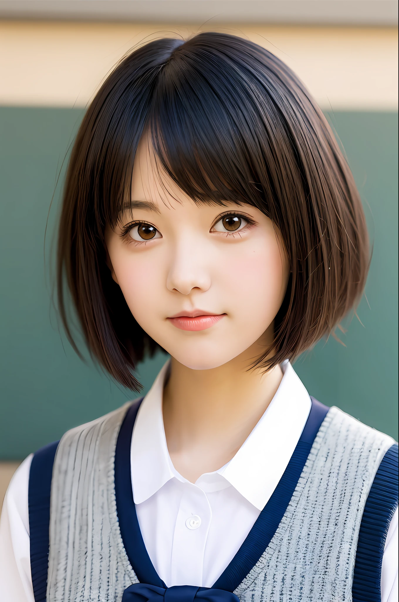 Beach, short hair girl, kawaii realistic portrait, beautiful anime girl, school uniform