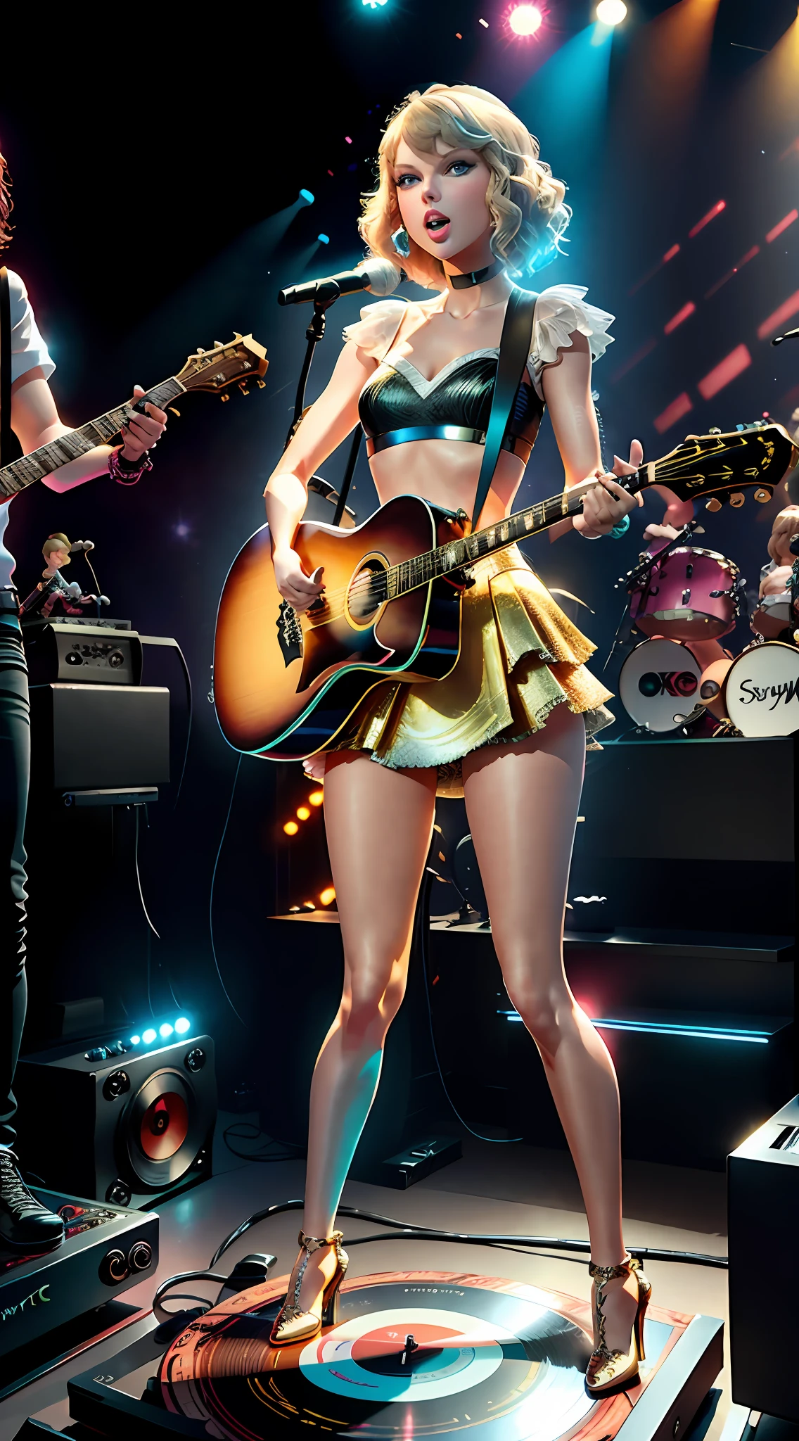 Taylor swift, looking at the audience, full body in high definition with a vinyl record for the footrest in an excellent evolution 8k ((Miniature toy for collection))