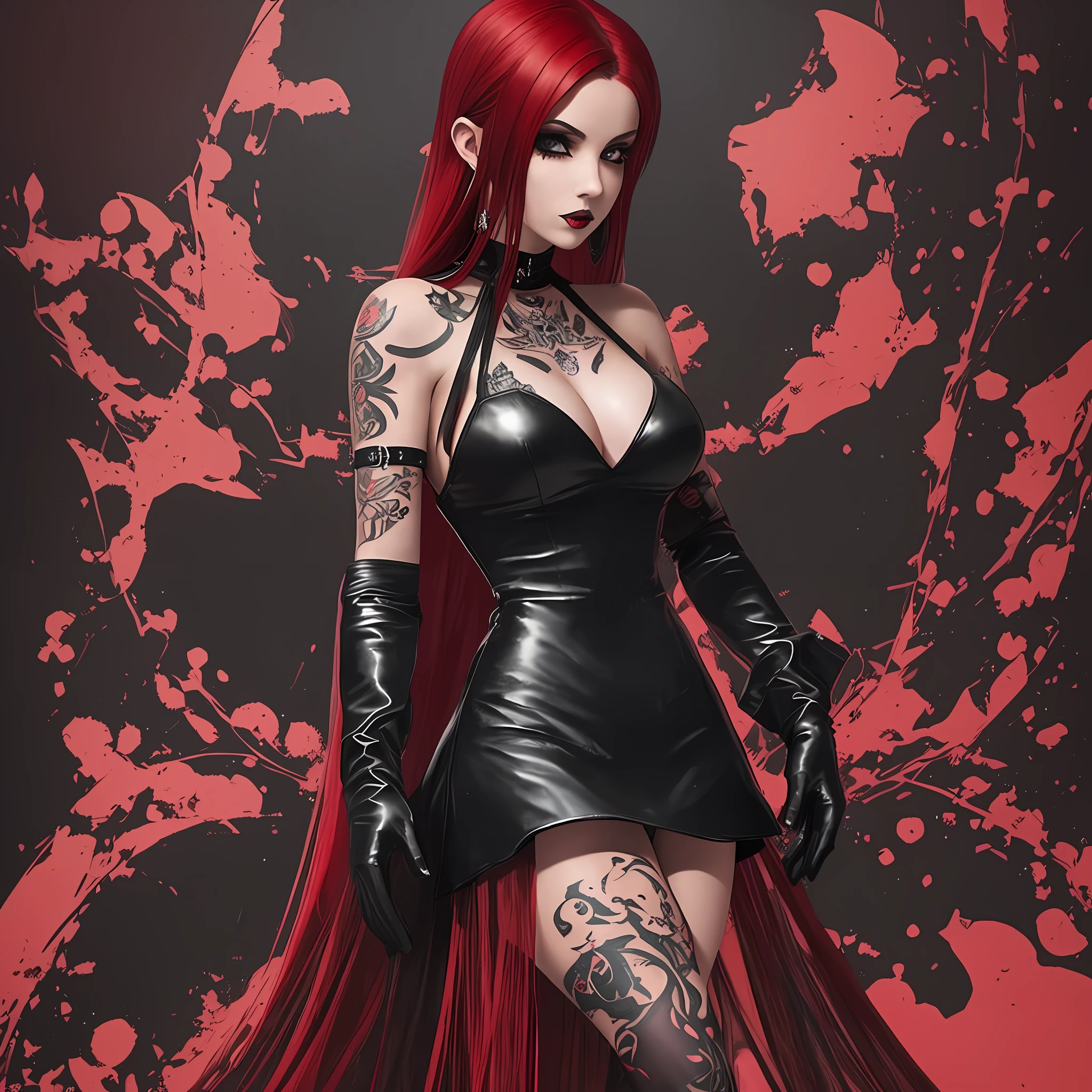 A full-body goth woman in velvet gloves in a black mini dress with red hair and tattoos on a surreal background.