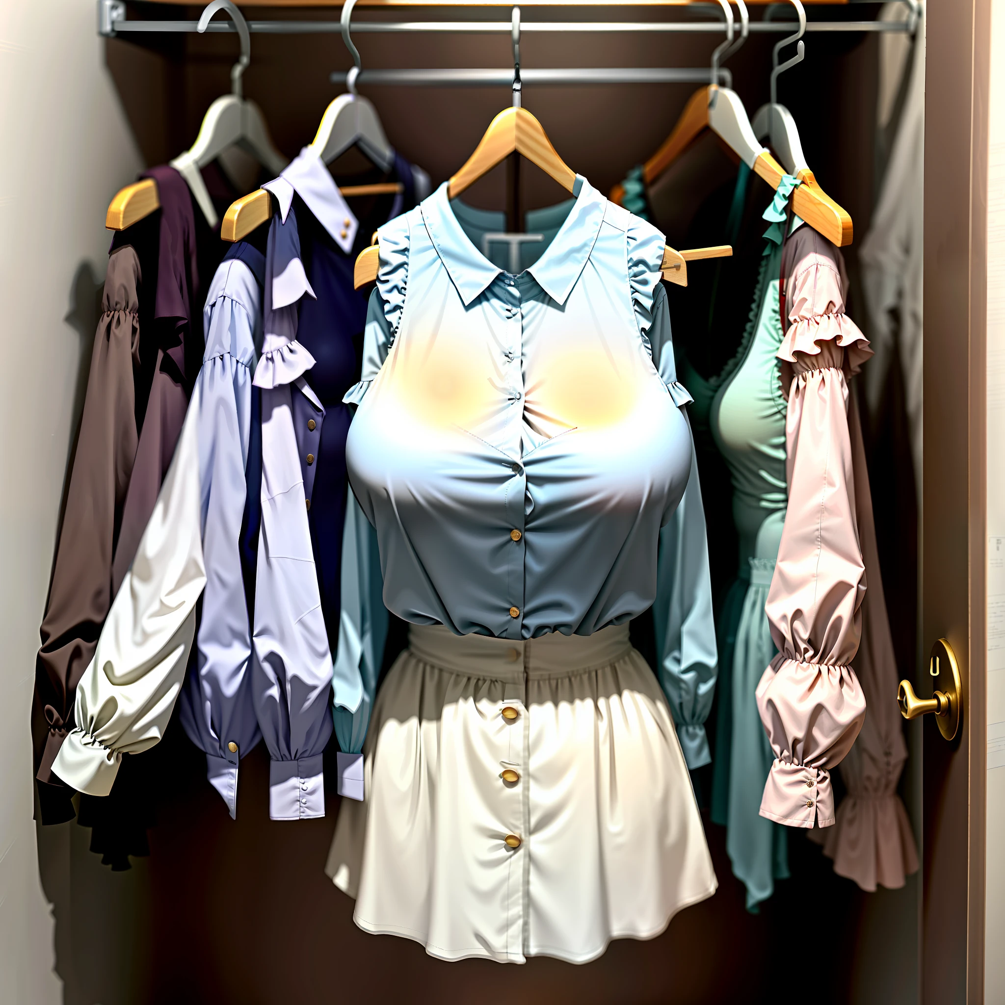Invisible girls, blouses without humans, headless, blouses, (realistic: 0), headless, empty, handless, headless, invisible girls, blouses with cleavages, empty clothes, invisible body, invisible head, empty clothes, invisible girl, hanger blouses with cleavages, invisible body, invisible head, blouses has big breasts and cleavages, tights, hanger blouses in a closet swells as if worn by invisible busty girls, girl's busty blouses begin to pose on its own as if worn by invisible girls, blouses with vests, hanger blouses has big breasts and cleavages,invisible girls, without humans, headless, 8K, highest quality, ultra-high resolution,