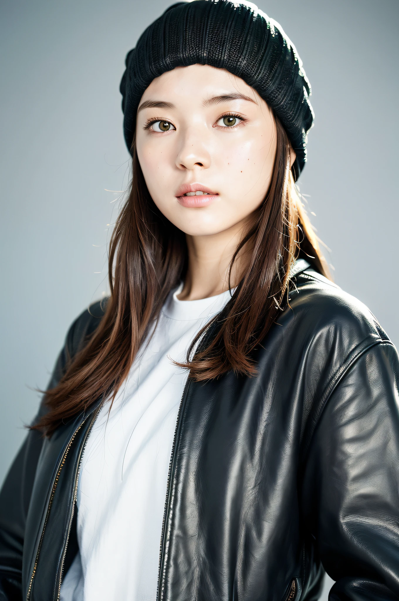(
(8k:1.27), best quality, masterpiece, ultra highres:1.2) Photo of Pretty Japanese woman
 (beautiful:1.1) (sci-fi warrior woman:1.1) space soldier, (beanie:1.61) (leather jacket:1.21) intricate elegant, fantasy, detailed, ometric by greg rutkowski and alphonse mucha, gradient lighting