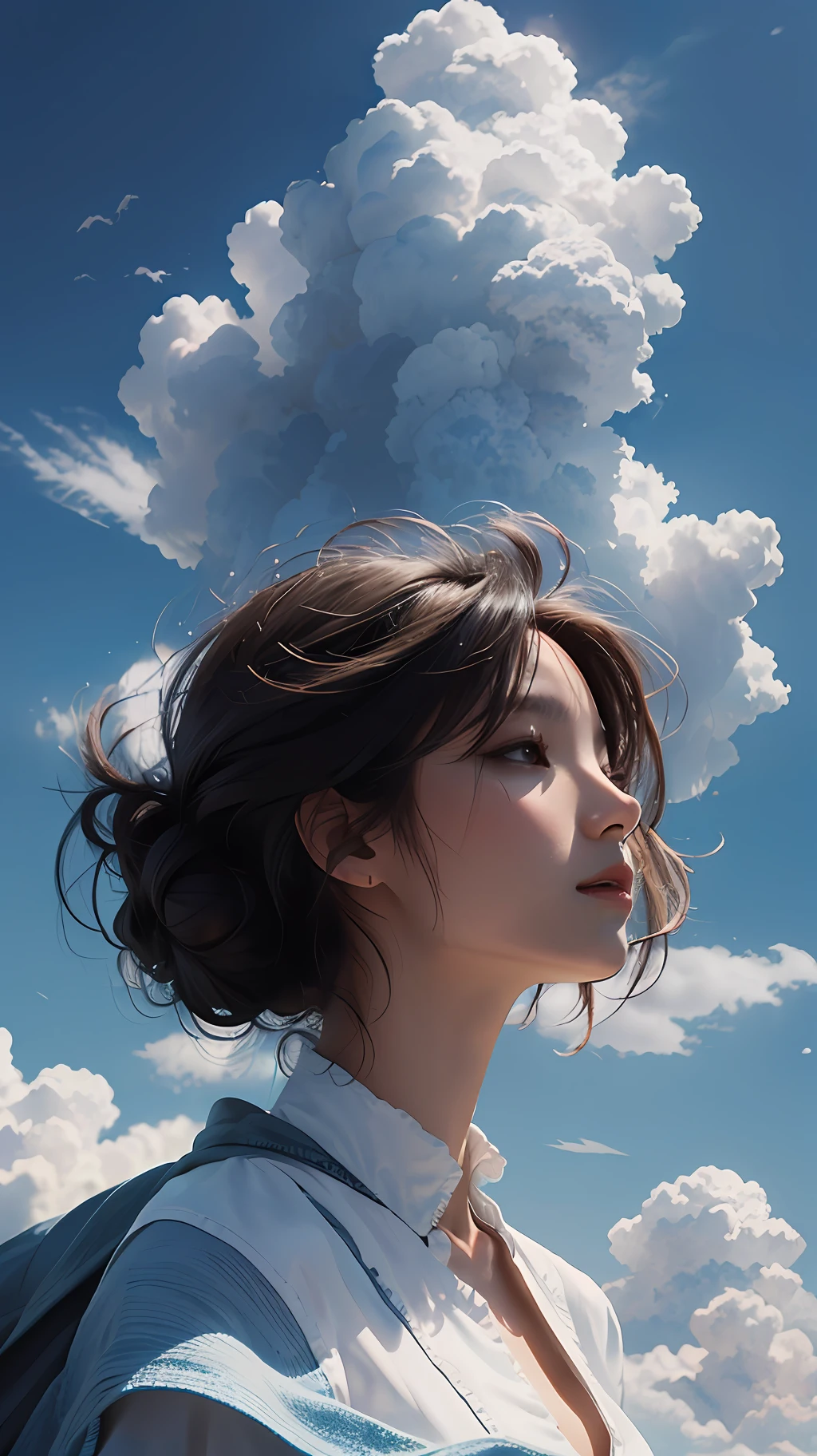 8K resolution, masterpiece, superlative, a woman looking at a clear blue sky with dense clouds in the sky.