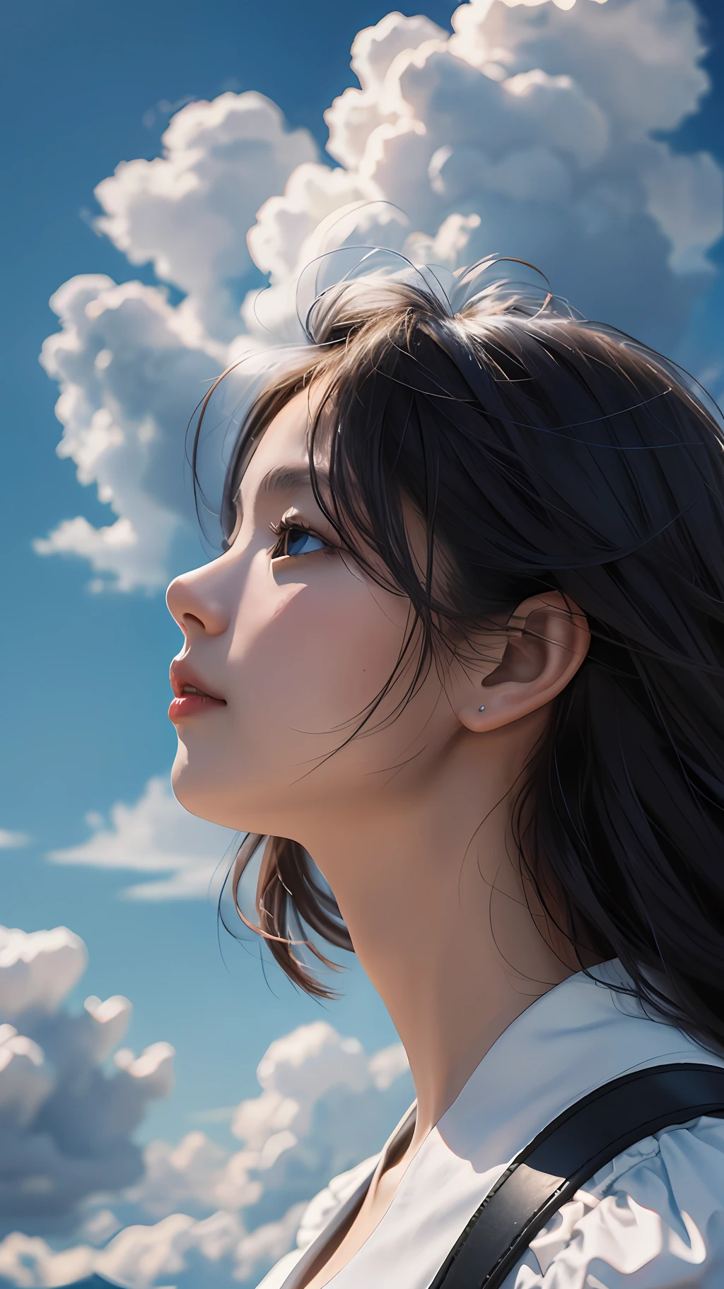 8K resolution, masterpiece, superlative, a woman looking at a clear blue sky with dense clouds in the sky.