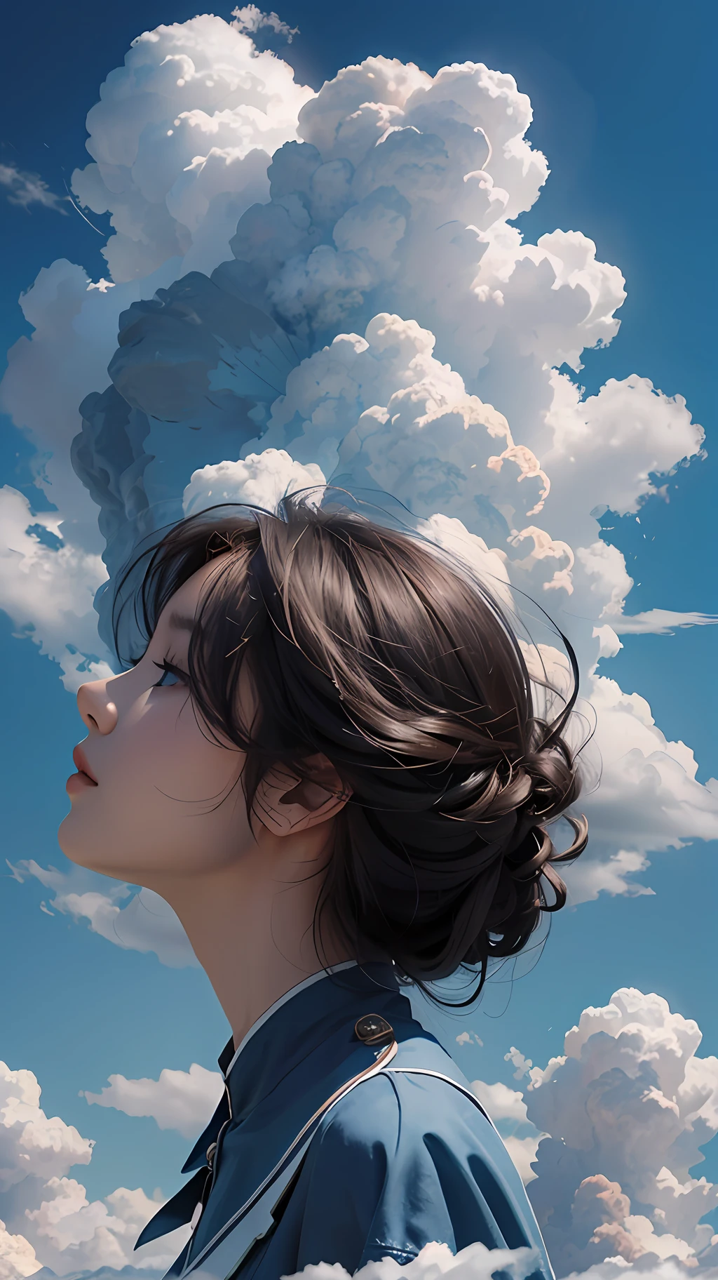 8K resolution, masterpiece, superlative, a woman looking at a clear blue sky with dense clouds in the sky.