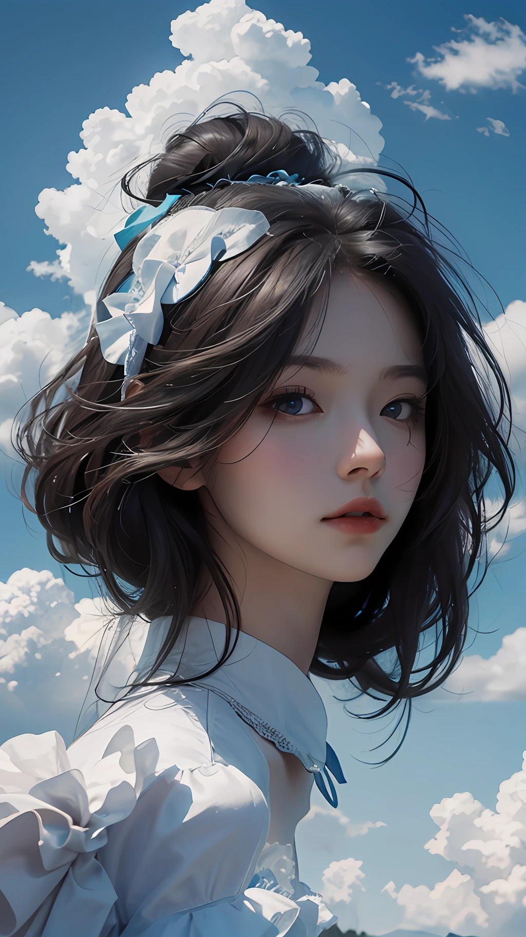 8K resolution, masterpiece, superlative, a woman looking at a clear blue sky with dense clouds in the sky.