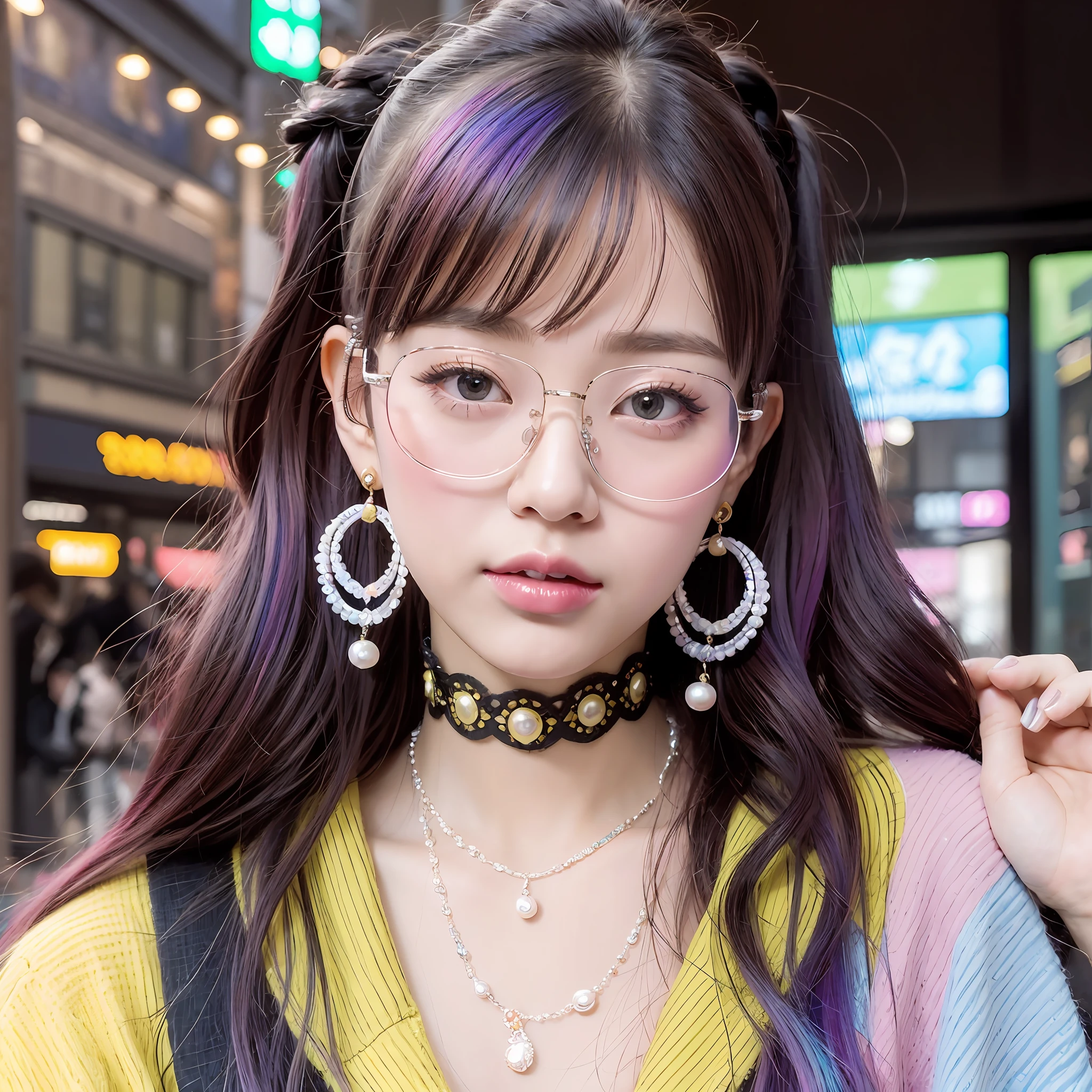 Portrait of a woman with the pearl earring in the Harajuku style, Tokyo city, rainbow hair, necklace, black glasses --auto --s2