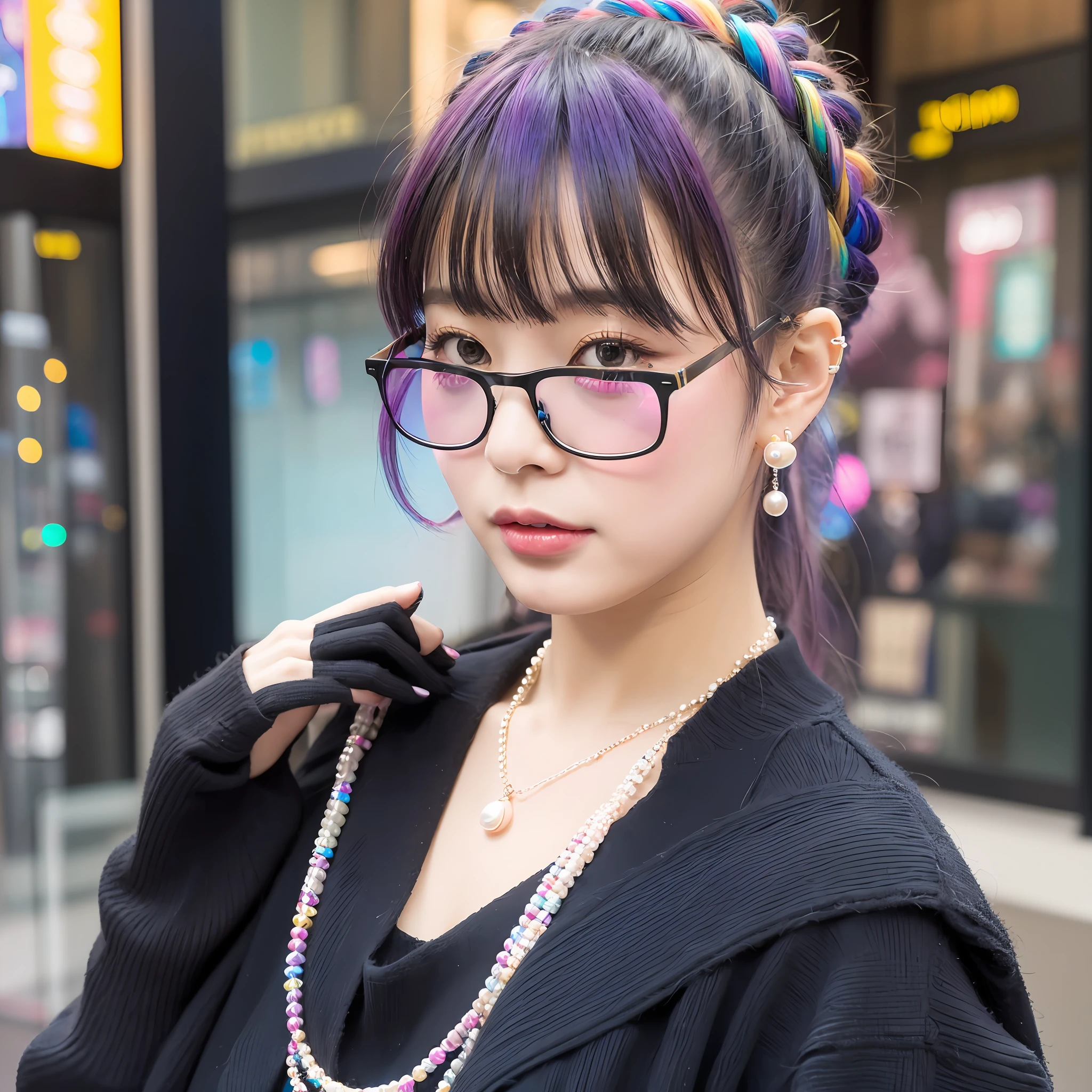 Portrait of a woman with the pearl earring in the Harajuku style, Tokyo city, rainbow hair, necklace, black glasses --auto --s2