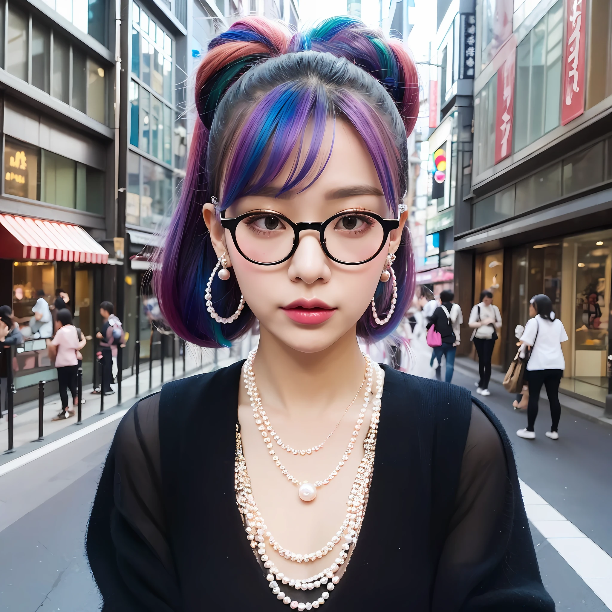 Portrait of a woman with the pearl earring in the Harajuku style, Tokyo city, rainbow hair, necklace, black glasses --auto --s2