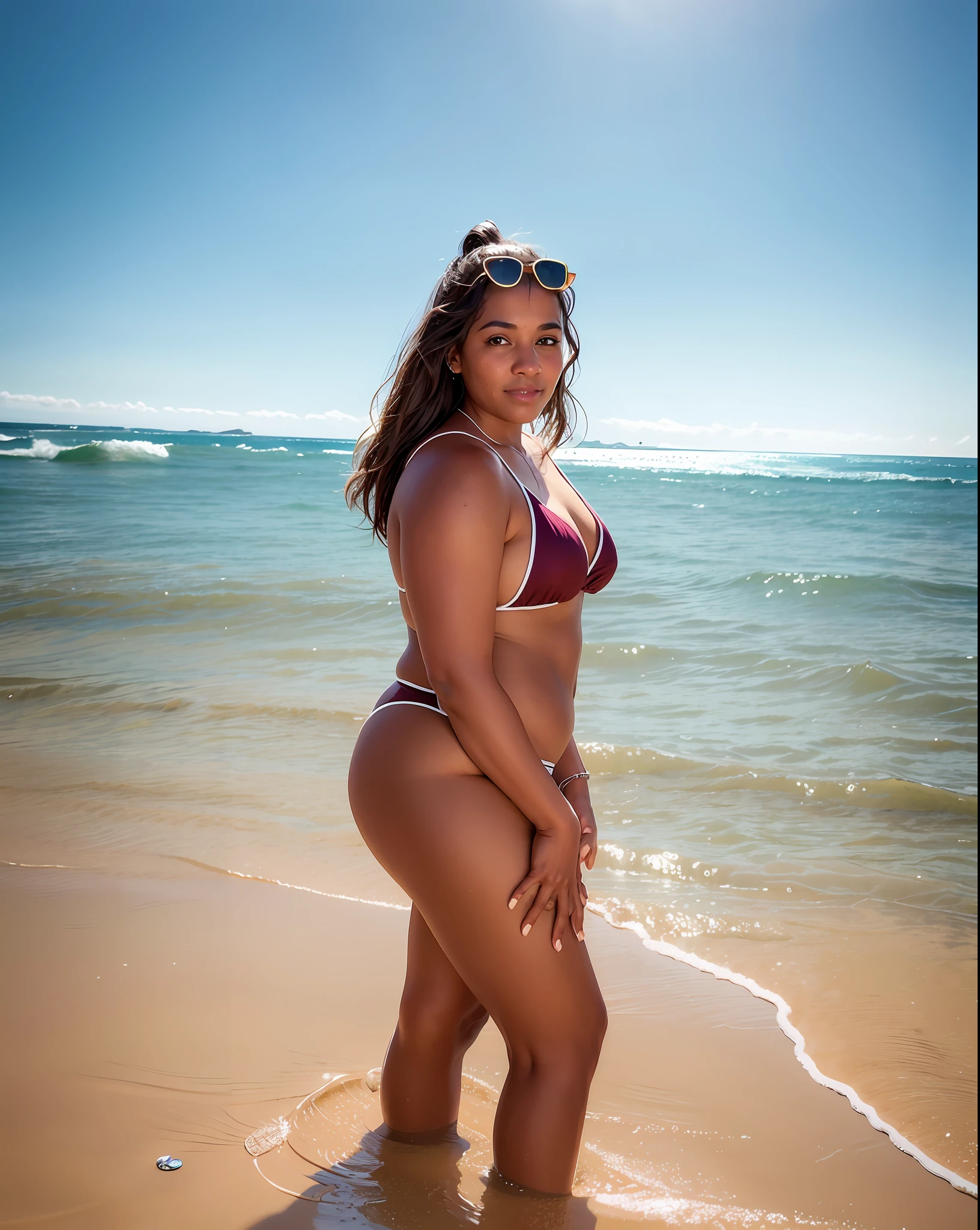 There is a woman in a bikini standing in the water, 18-year-old woman from Brazil, posing on a beach with the sea, with brown skin, on the beach, she has olive brown skin, high quality image