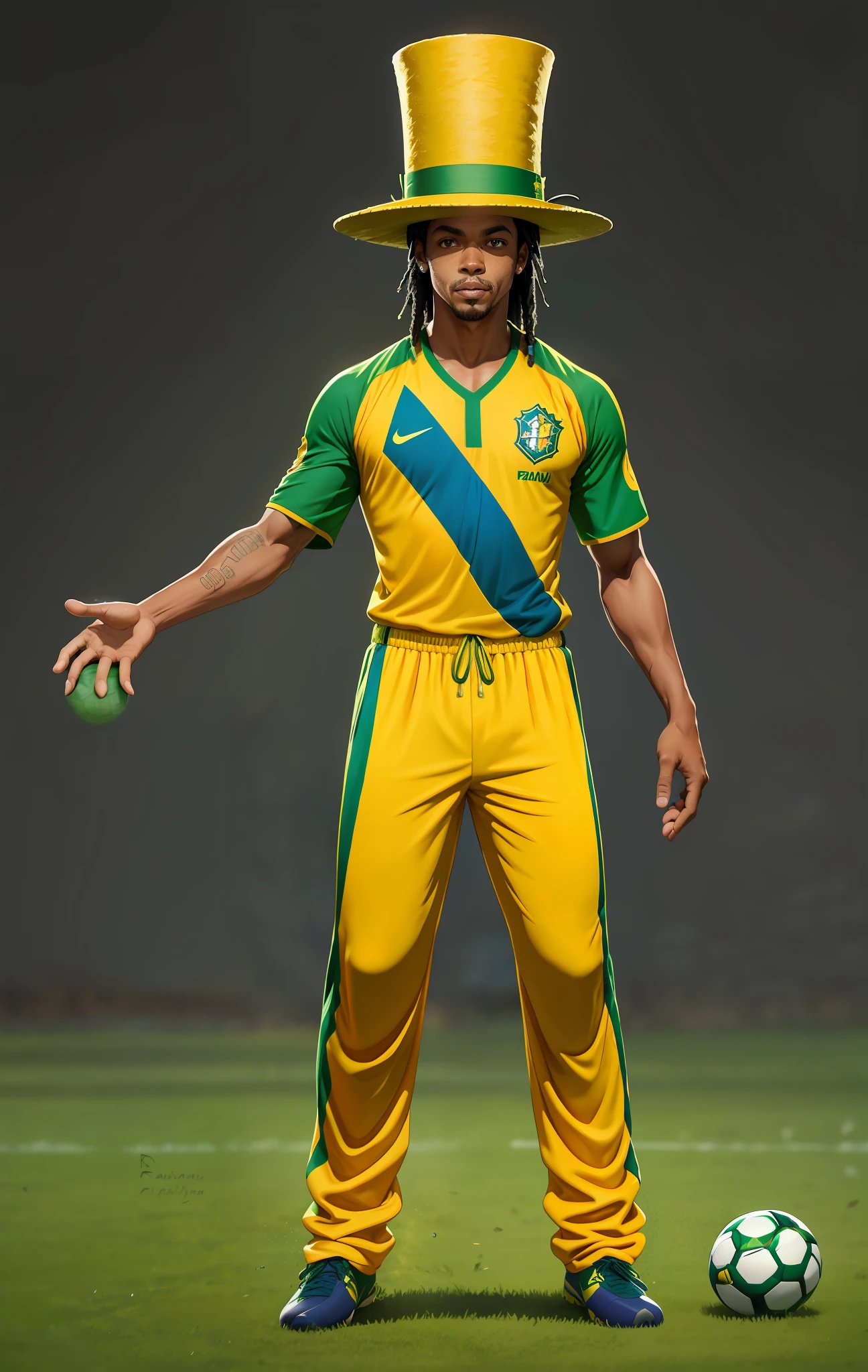 Ronaldinho gaucho standing full body, wearing green and yellow uniform of the Brazilian national team, written Brazil on the uniform, wearing a magician's hat, doing magic with several soccer balls.