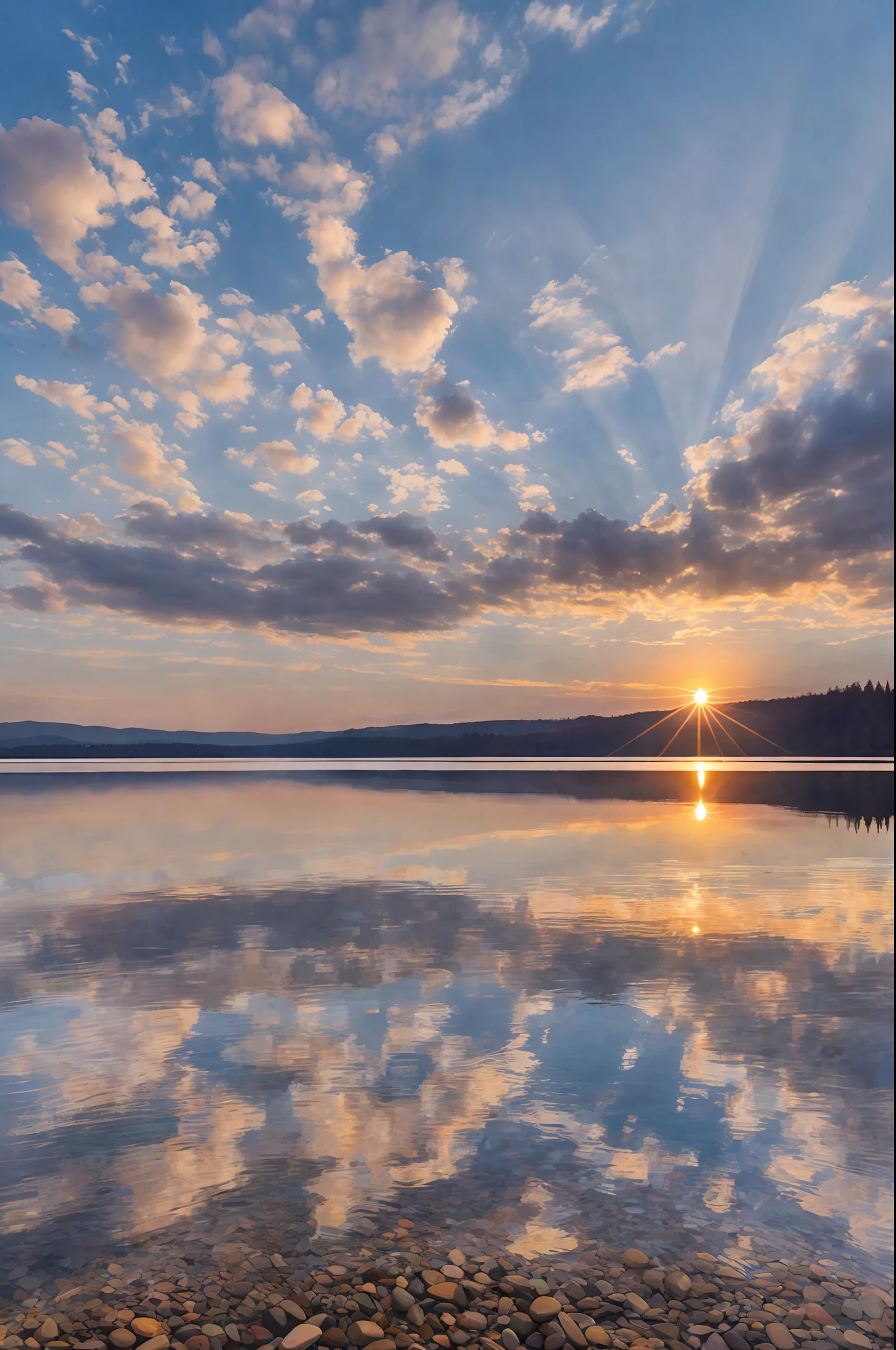 A minimalist image with a sunrise reflecting off the calm water of a lake. In the sky, a cloud forms the figure of hands joined in prayer --auto --s2