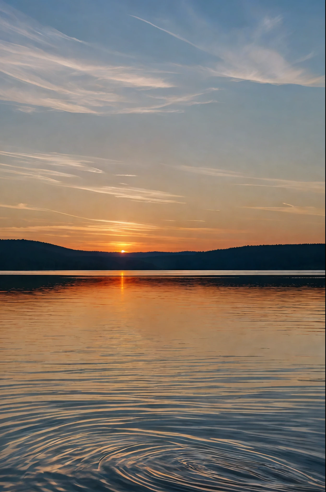 A minimalist image with a sunrise reflecting off the calm water of a lake. In the sky, a cloud forms the figure of hands joined in prayer --auto --s2