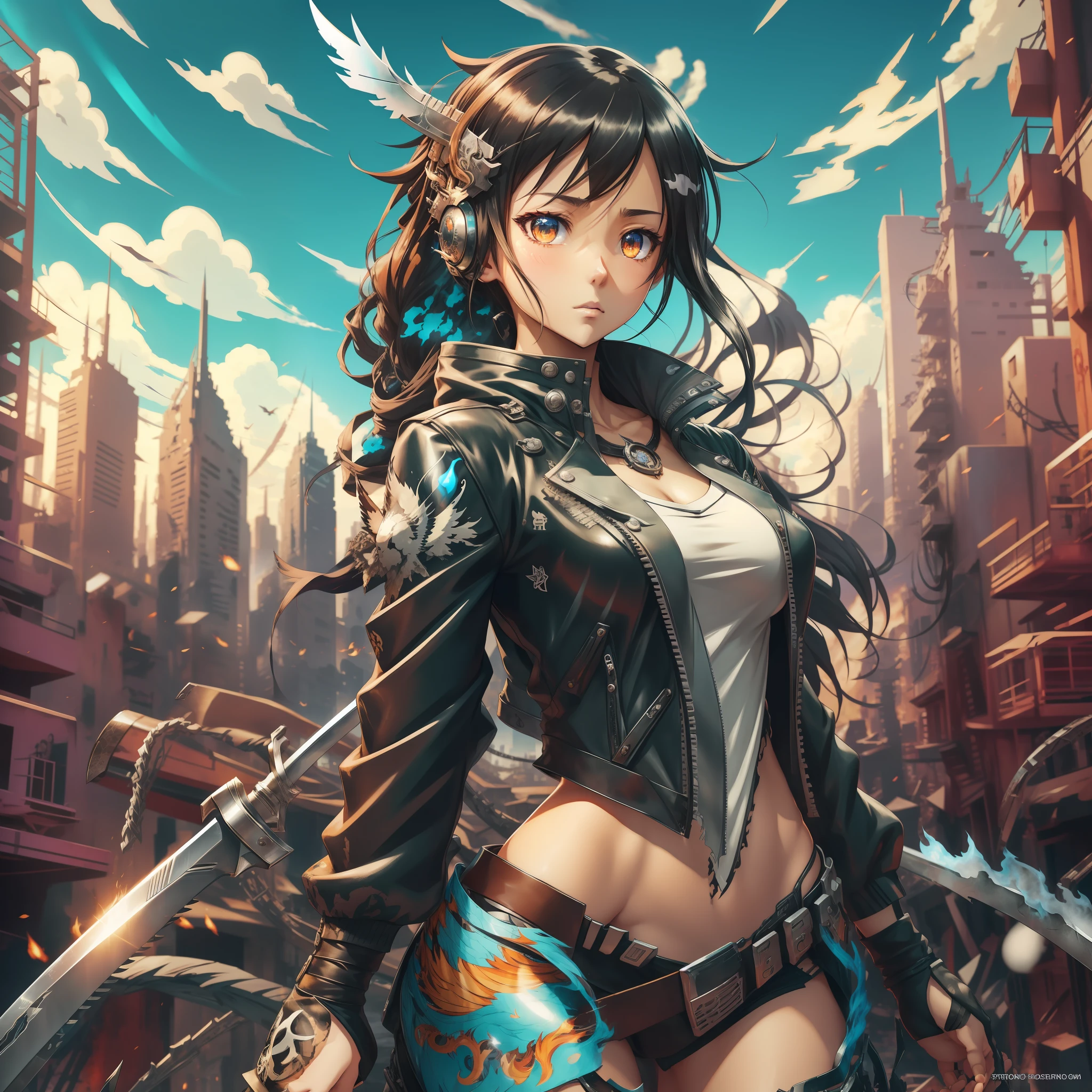 anime style, natural pose, freedom, digital illustration, (anime style), perfect anatomy, black rock shooter, highly detailed, art station, concept art, soft and sharp focus, well-formed eyes, beautiful face, well-defined hips, shy and seductive, left eye with blue flame, chaotic scenery, buildings in the background destroyed, black leather jacket, swords on the ground, beautiful scenery,  hyper detailed