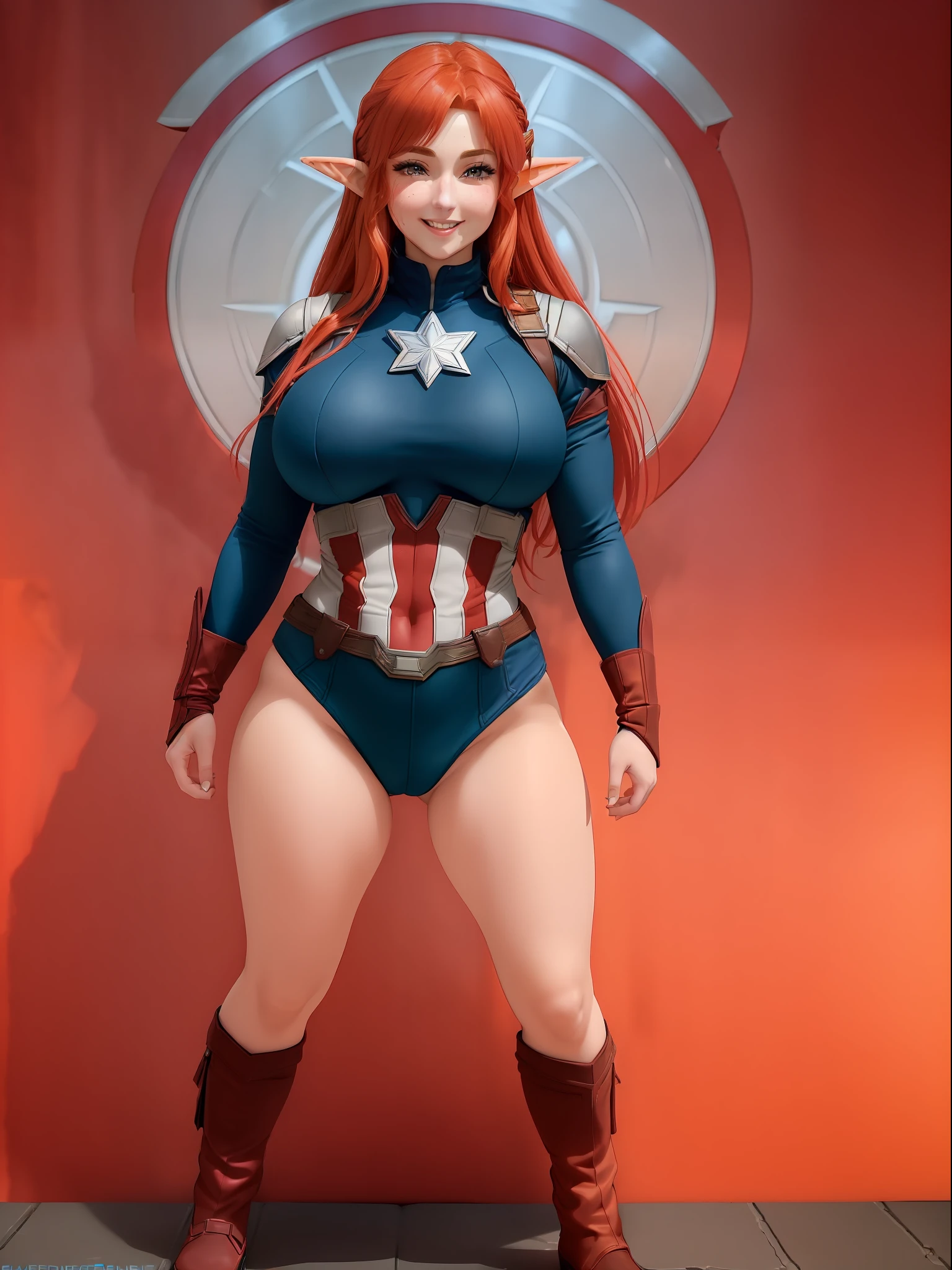 (Full body photo:2.0), (An 18-year-old Elven girl:1.5), (she has extremely large breasts:1.9), (she's wearing Captain America's costume+shield:1.5), (She's in Marvel's Avengers Tower:1.5), (she's doing sexy poses:1.5), (she's wearing an extremely tight body suit/very short and small outfit:1.5),  (she has red hair:1.3), (she has blue eyes:1.3), (She's happy to the extreme/reddened cheeks:1.5), anime, Realism, 16k, best quality, high details, UHD, masterpiece