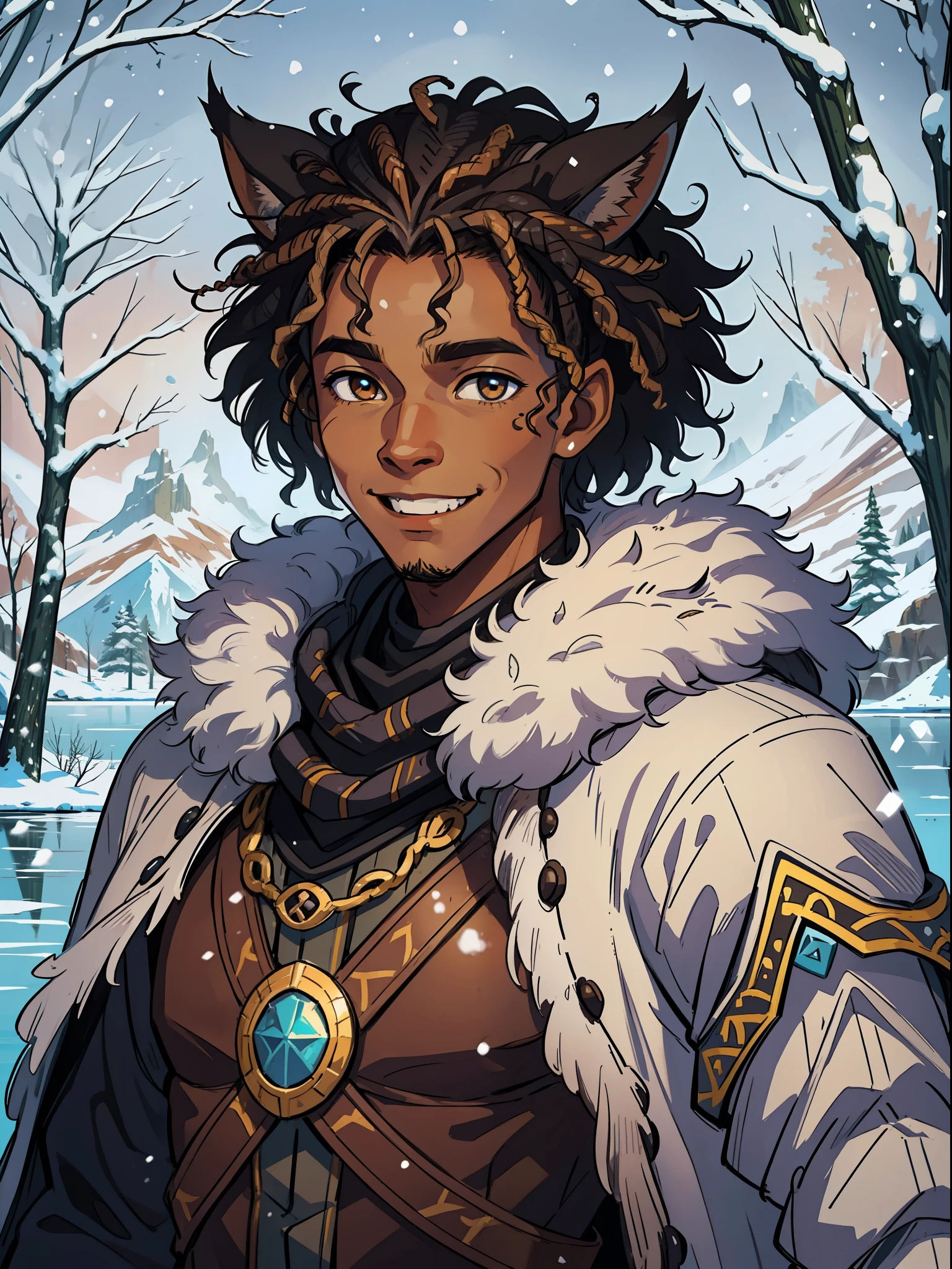 A young African warrior man from Wakanda with dark black afro brown skin with curly light brown hair and an amused look smiling amid a frozen lake in winter surrounded by forest in the snowy mountains wearing a medieval winter overcoat inspired by Game of Thrones, DND RPG, put lynx ears on this man and lynx eyes