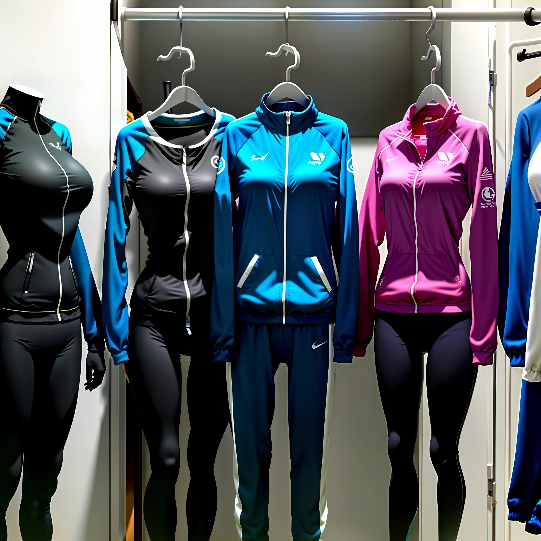 Invisible girls, world without humans, headless, empty tracksuits, (realistic: 0), headless, empty, handless, headless, invisible girls, tracksuits with cleavages, empty clothes, invisible body, invisible head, empty clothes, invisible girl, hanger tracksuits with cleavages, invisible body, invisible head, tracksuits has big breasts and cleavages, tights, hanger tracksuits in a closet swells as if worn by invisible busty girls, girl's busty tracksuits begin to pose on its own as if worn by invisible girls, hanger tracksuits has big breasts and cleavages