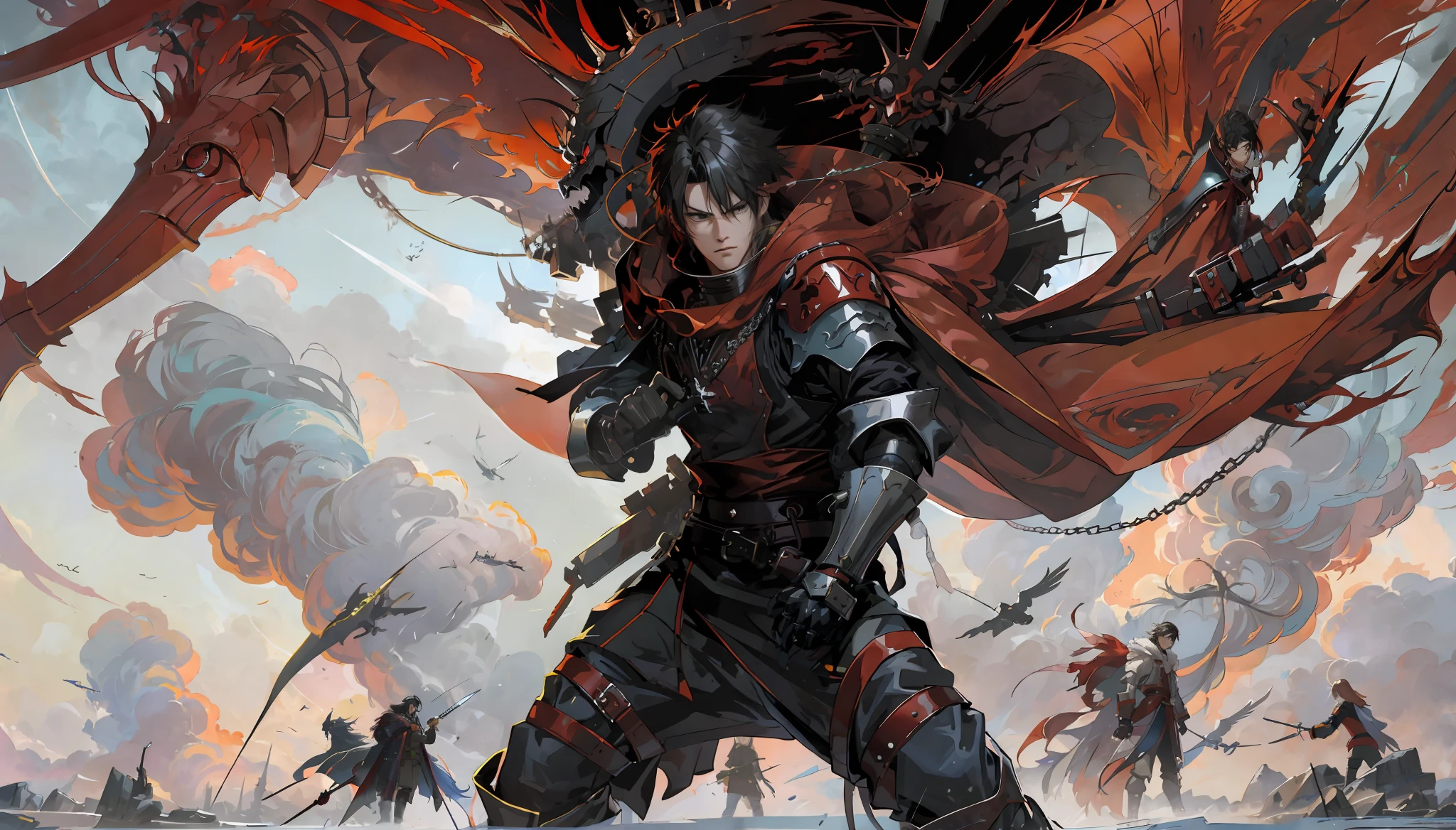 Anime - Style illustration of a man with a red cloak and a sword, Badass Anime 8 K, 2. 5 d CGI Anime Fantasy Artwork, Krenz Cushart and Wenjun Lin, Epic Fantasy Digital Art Style, Anime Epic Artwork, Anime Fantasy Artwork, by Yang J, Anime Fantasy Illustration, 4K Manga Wallpaper, Epic Anime Fantasy, Gungrave
