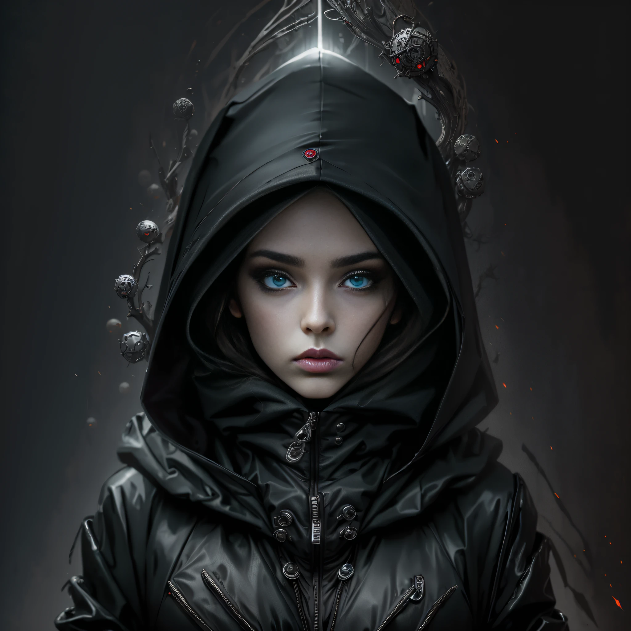 Darkart,surreal,nightmare,fashion,1woman with super puffer clothes and hood