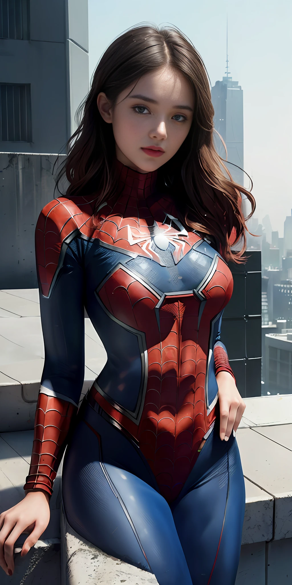 (1 girl:1.3), Solo, (((Highly detailed face)))), ((Highly detailed eyes and face)))), Beautiful detailed eyes, Body parts__, official art, unified 8k wallpaper, ultra detailed, beautiful and beautiful, beautiful, masterpiece, best quality, original, masterpiece, ultra fine photography, best quality, ultra high definition, realistic realism, sunlight, full body portrait, amazing beauty, Dynamic pose, delicate face, vivid eyes, (from the front),navel, She is dressed in a closed spider-man suit, red and white color scheme, spider, spider thread, highly detailed city roof background, rooftop, overlooking the city, detailed face, detailed complex busy background, messy and gorgeous milky, highly detailed skin, realistic skin details, visible pores, clear focus, volumetric fog, 8k UHD, DSLR, High Quality, Film Grain, Fair Skin, Photorealism, Lomography, Futuristic Dystopian Megalopolis, Translucent