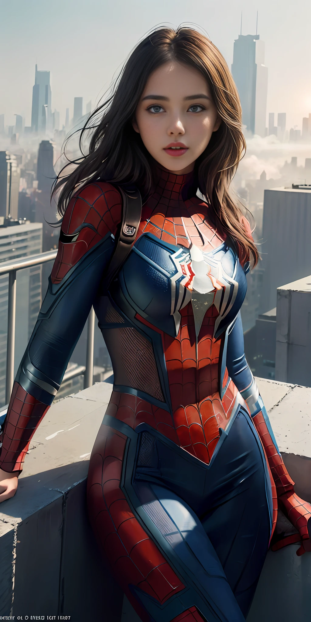 (1 girl:1.3), Solo, (((Highly detailed face)))), ((Highly detailed eyes and face)))), Beautiful detailed eyes, Body parts__, official art, unified 8k wallpaper, ultra detailed, beautiful and beautiful, beautiful, masterpiece, best quality, original, masterpiece, ultra fine photography, best quality, ultra high definition, realistic realism, sunlight, full body portrait, amazing beauty, Dynamic pose, delicate face, vivid eyes, (from the front),navel, She is dressed in a closed spider-man suit, red and white color scheme, spider, spider thread, highly detailed city roof background, rooftop, overlooking the city, detailed face, detailed complex busy background, messy and gorgeous milky, highly detailed skin, realistic skin details, visible pores, clear focus, volumetric fog, 8k UHD, DSLR, High Quality, Film Grain, Fair Skin, Photorealism, Lomography, Futuristic Dystopian Megalopolis, Translucent