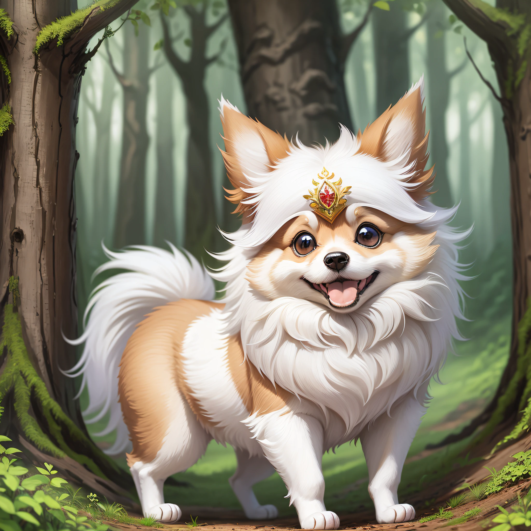 Lulu of Pomerania (well detailed) white, smiling, disney, forest background, --auto --s2