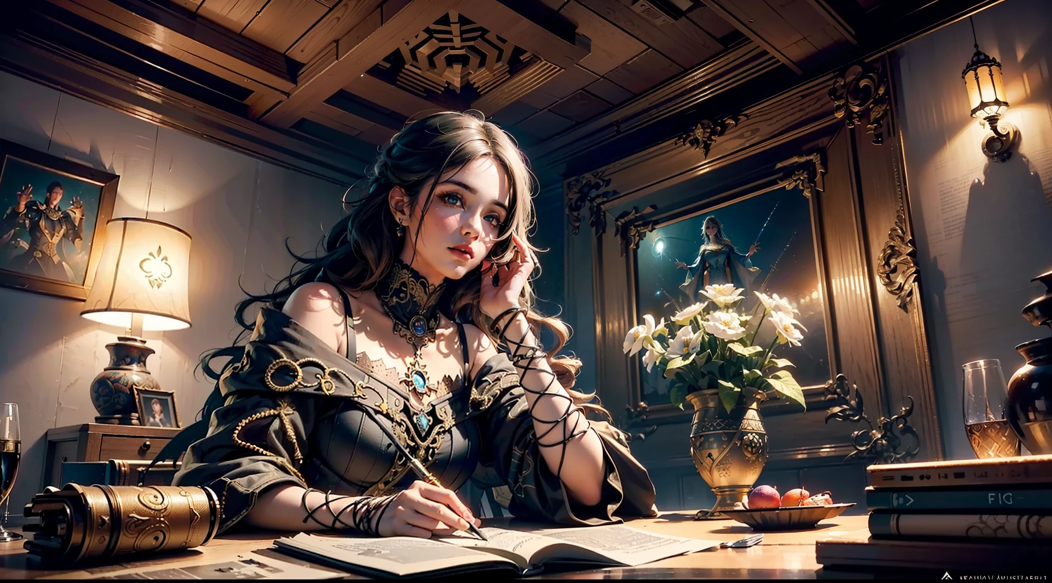 ((best quality)), ((masterpiece:1.2)), (extremely detailed:1.1), (8k, high quality, cinematic, hyper realistic, illustration), (autodesk maya, octane render, unreal engine, game character, ray tracing, hdr), (35mm focal length, f/2 aperture, dynamic perspective, depth of field),(1girl, dynamic angle), the most beautiful form of chaos, a brutalist designed, vivid colours, (zentangle, mandala, tangle, entangle), (fractal art), silk web, 3d, realistic, CG, 3D model, beautiful, elegant, confident, (hdri, bloom, rim lighting, soft lighting, low key), delicate\(armor\) wizard robe