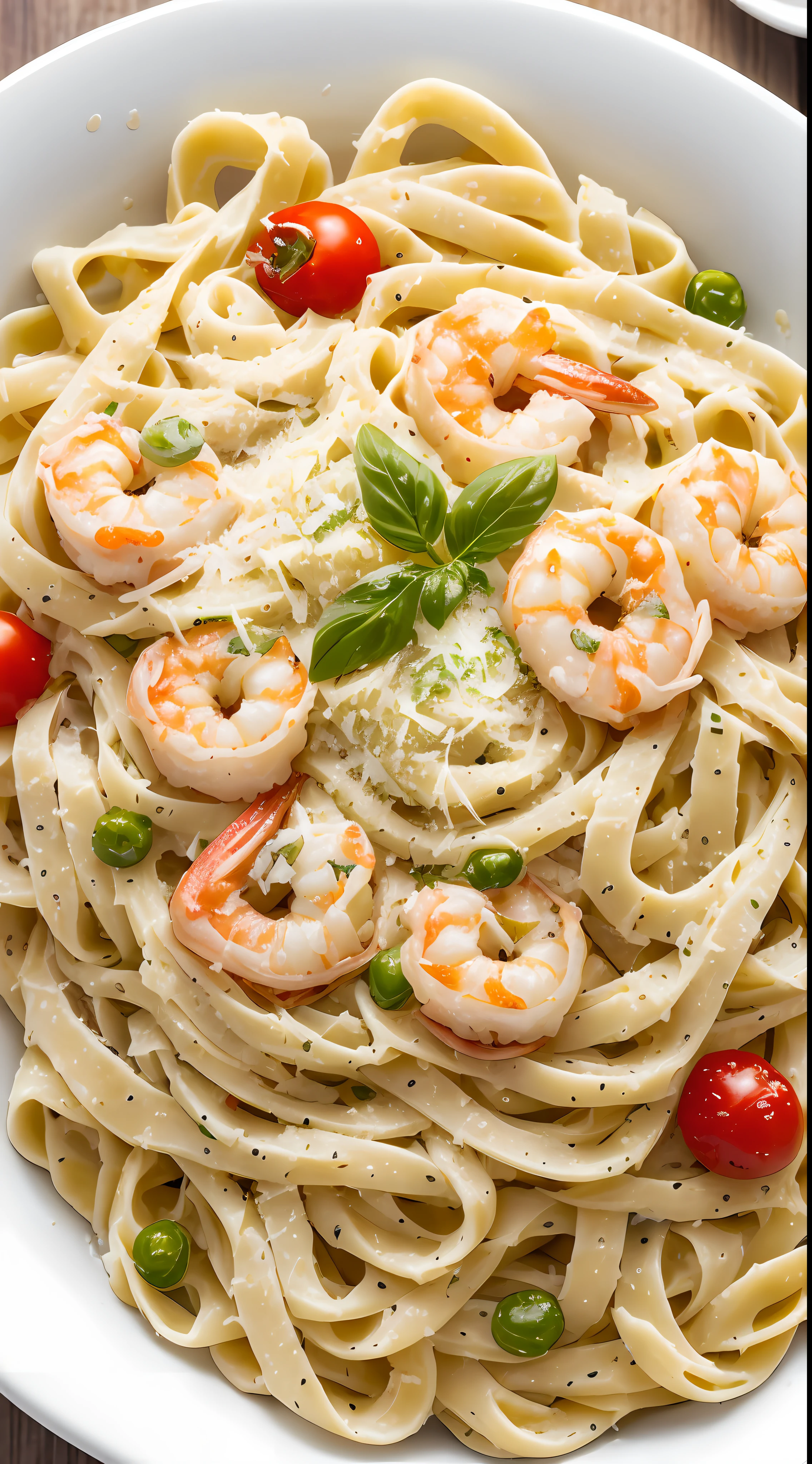 a creamy fettuccine dough with fresh parmesan, green smell, cherry tomatoes and shrimps, food photography, closeup