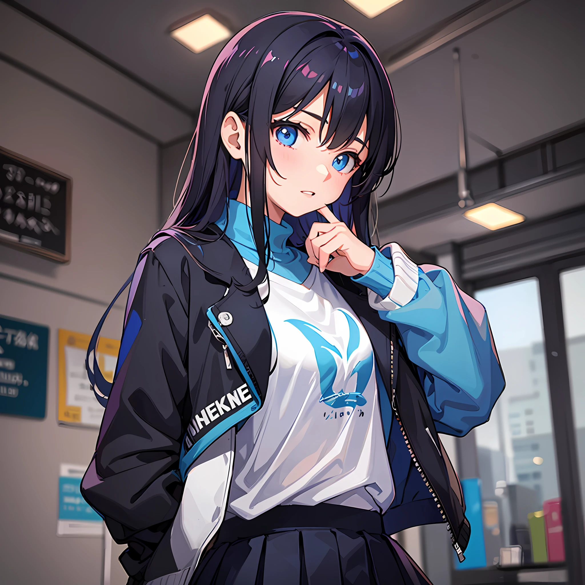 16 year old girl, student, casual clothes, blue clothes, black skirt, beautiful, best quality